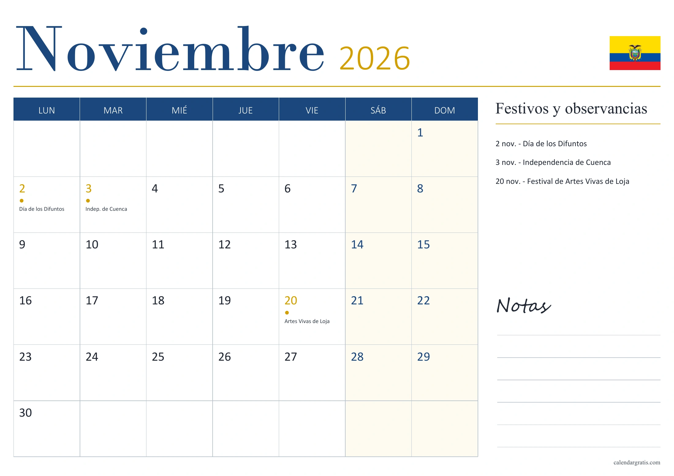 Calendario de noviembre de 2026 de Ecuador, con fechas señaladas, lista de festivos y observancias y espacio para notas.