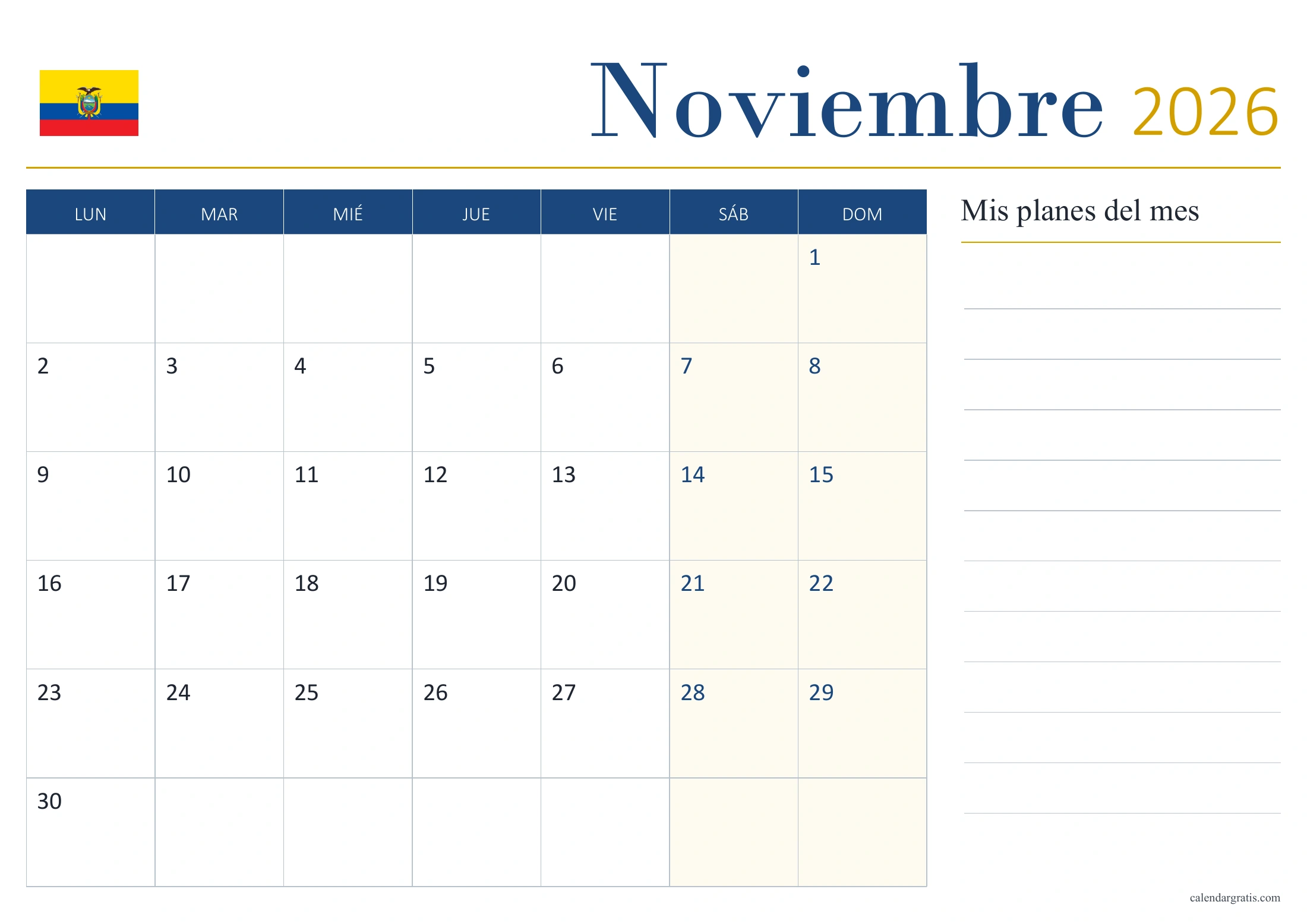 Calendario de noviembre de 2026 de Ecuador sin festivos, con bandera y panel «Mis planes del mes».
