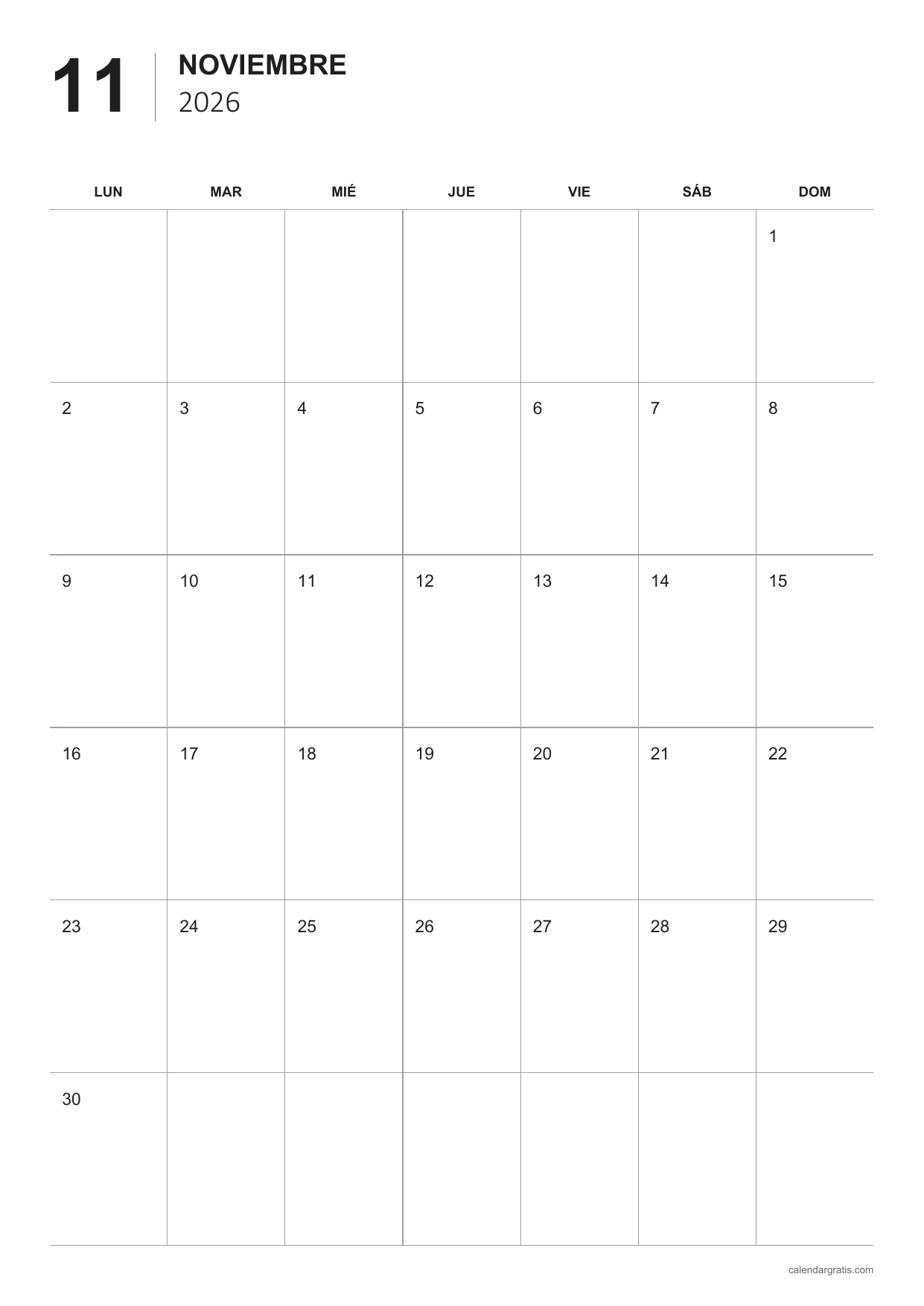 Calendario de noviembre de 2026 en blanco, con cuadrícula abierta vertical y semanas de lunes a domingo.