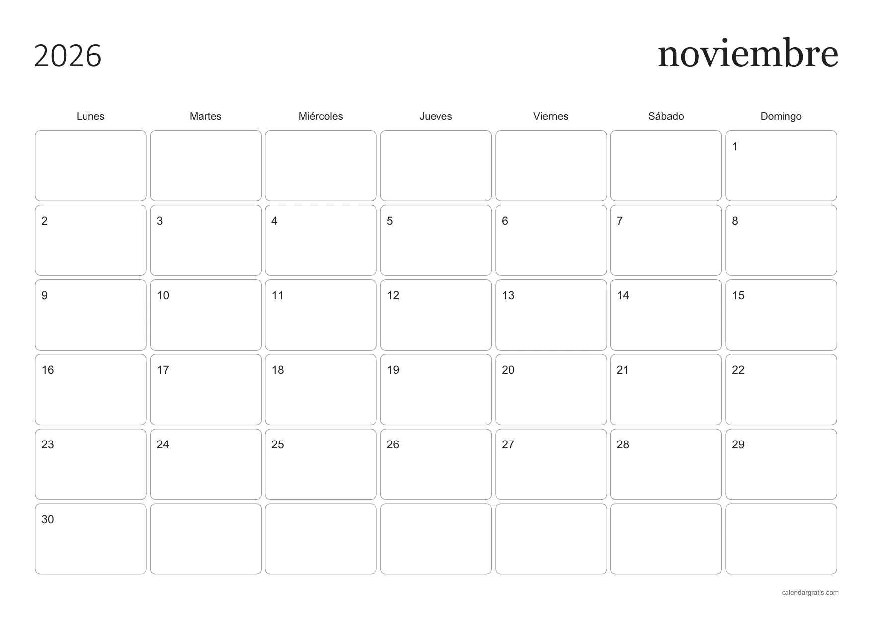 Calendario de noviembre de 2026 en blanco con casillas de esquinas redondeadas y semanas de lunes a domingo.