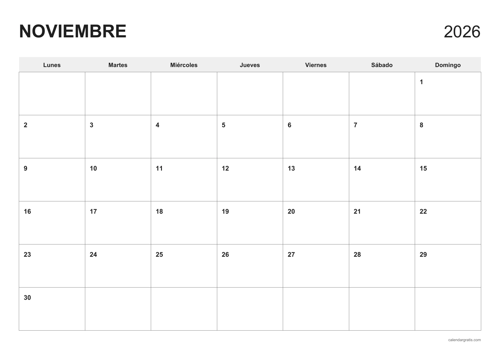 Calendario de noviembre de 2026 en blanco, con cuadrícula horizontal, cabecera gris y semanas de lunes a domingo.