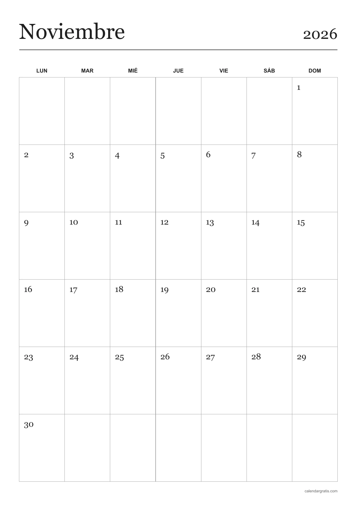 Calendario de noviembre de 2026 en blanco, con tipografía serif, cuadrícula vertical y semanas de lunes a domingo.