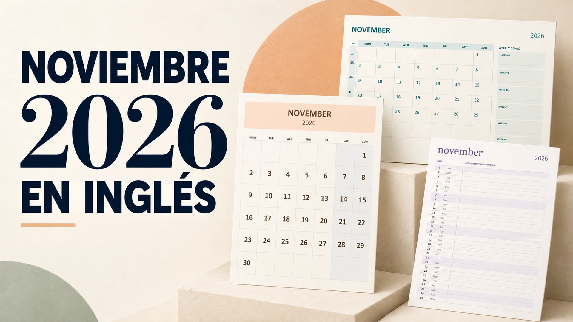 Calendarios de noviembre de 2026 en inglés: modelos de números grandes, objetivos semanales y lista diaria.