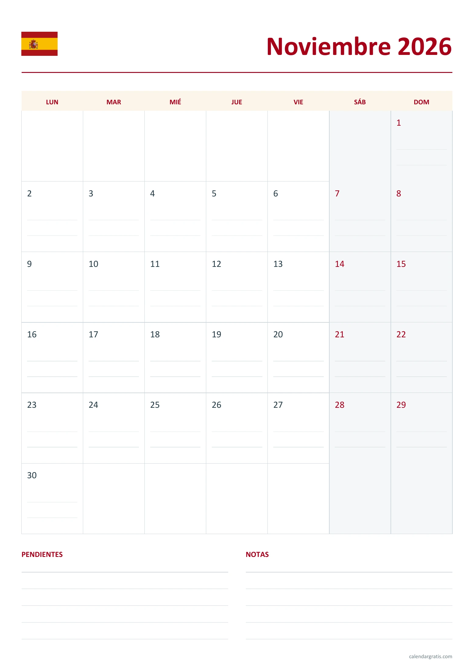 Calendario noviembre 2026 España: agenda con renglones.
