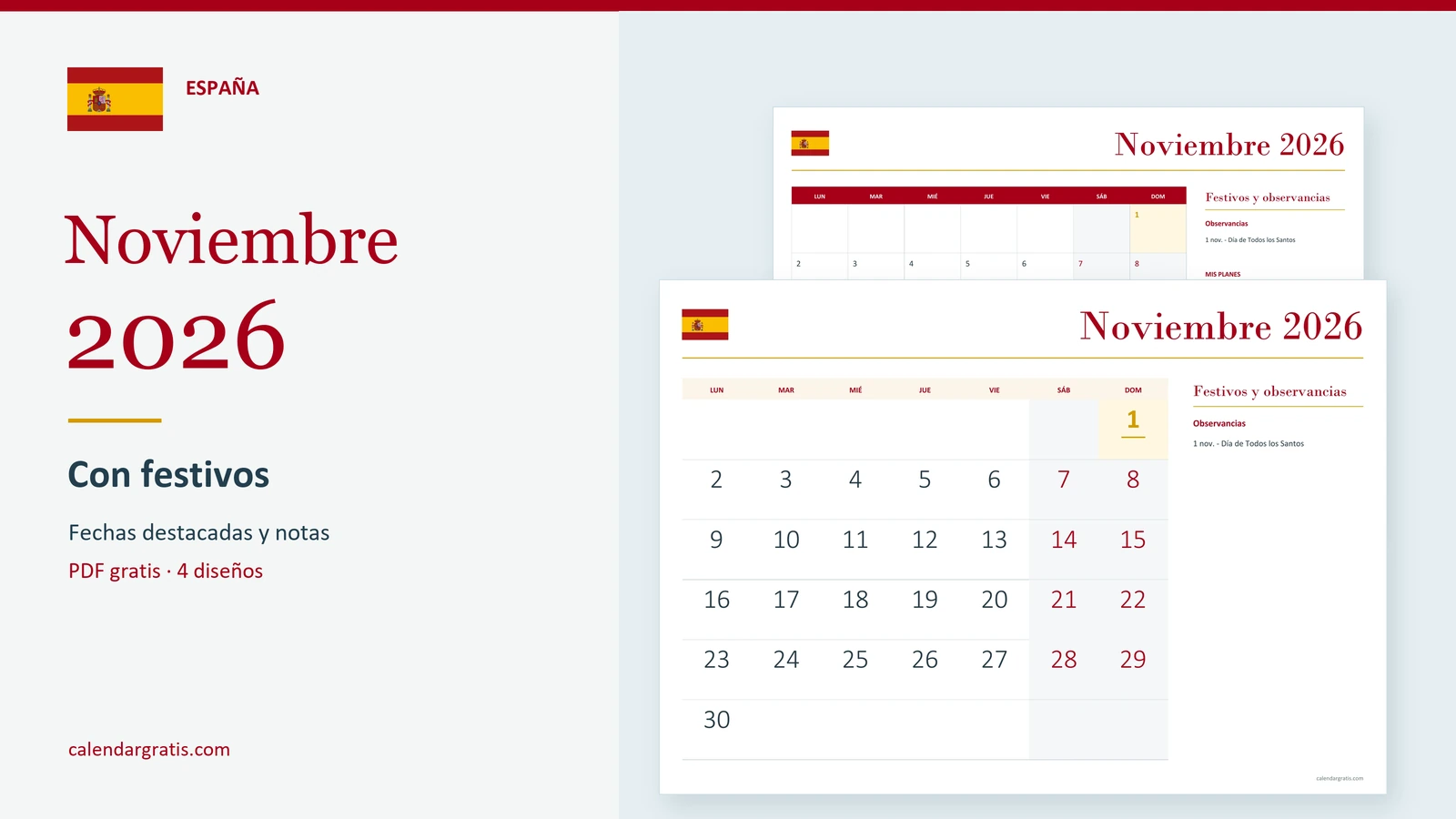 Calendario de noviembre de 2026 de España con festivos destacados y espacio para notas.