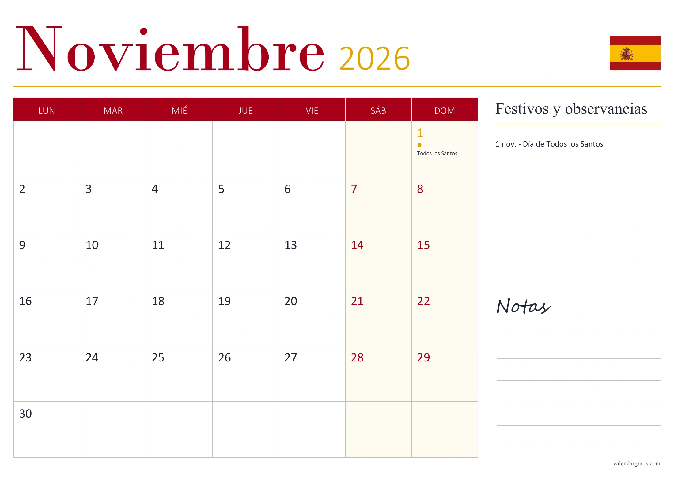 Calendario de noviembre de 2026 de España, con fechas señaladas, lista de festivos y observancias y espacio para notas.
