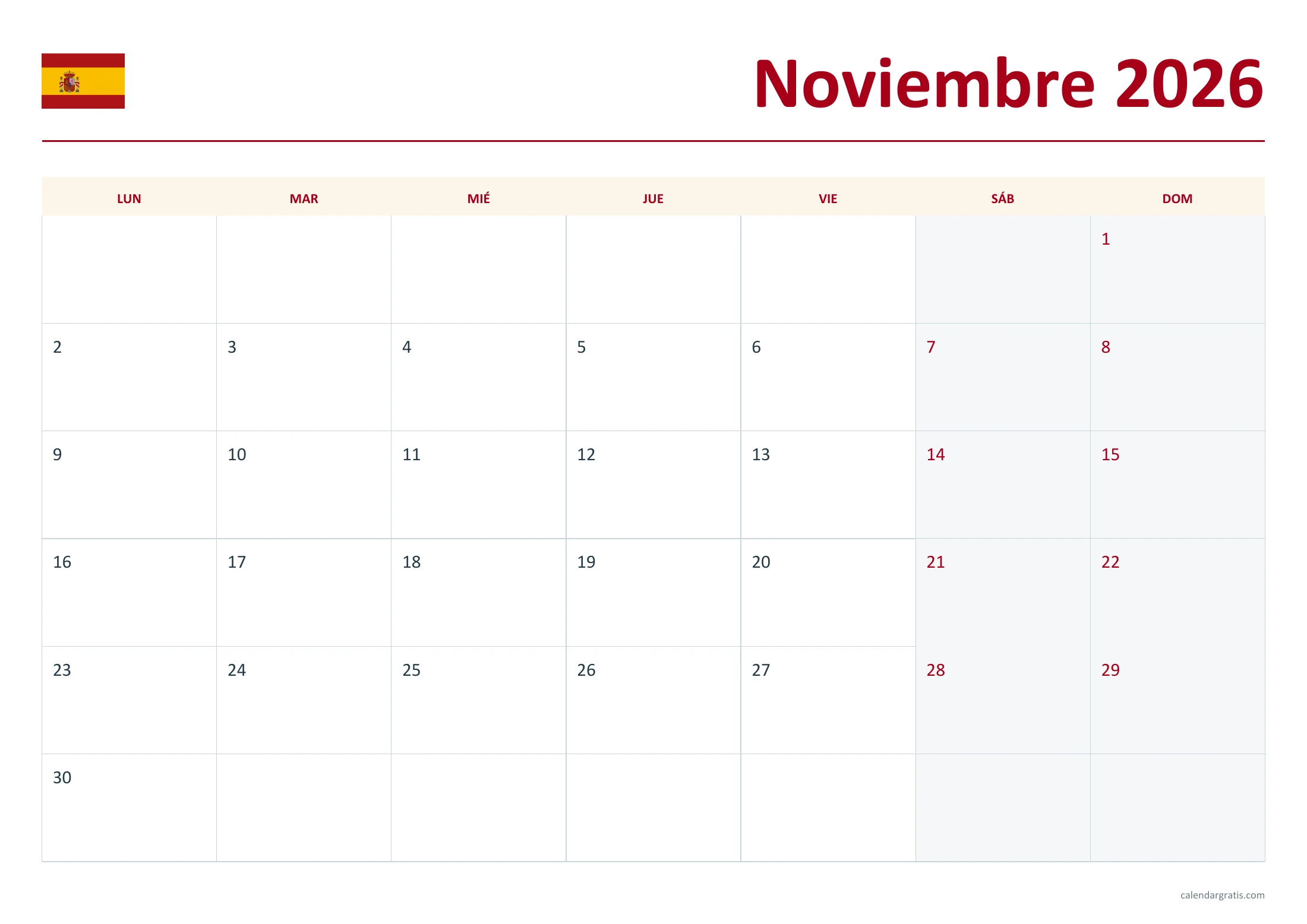 España: calendario para imprimir