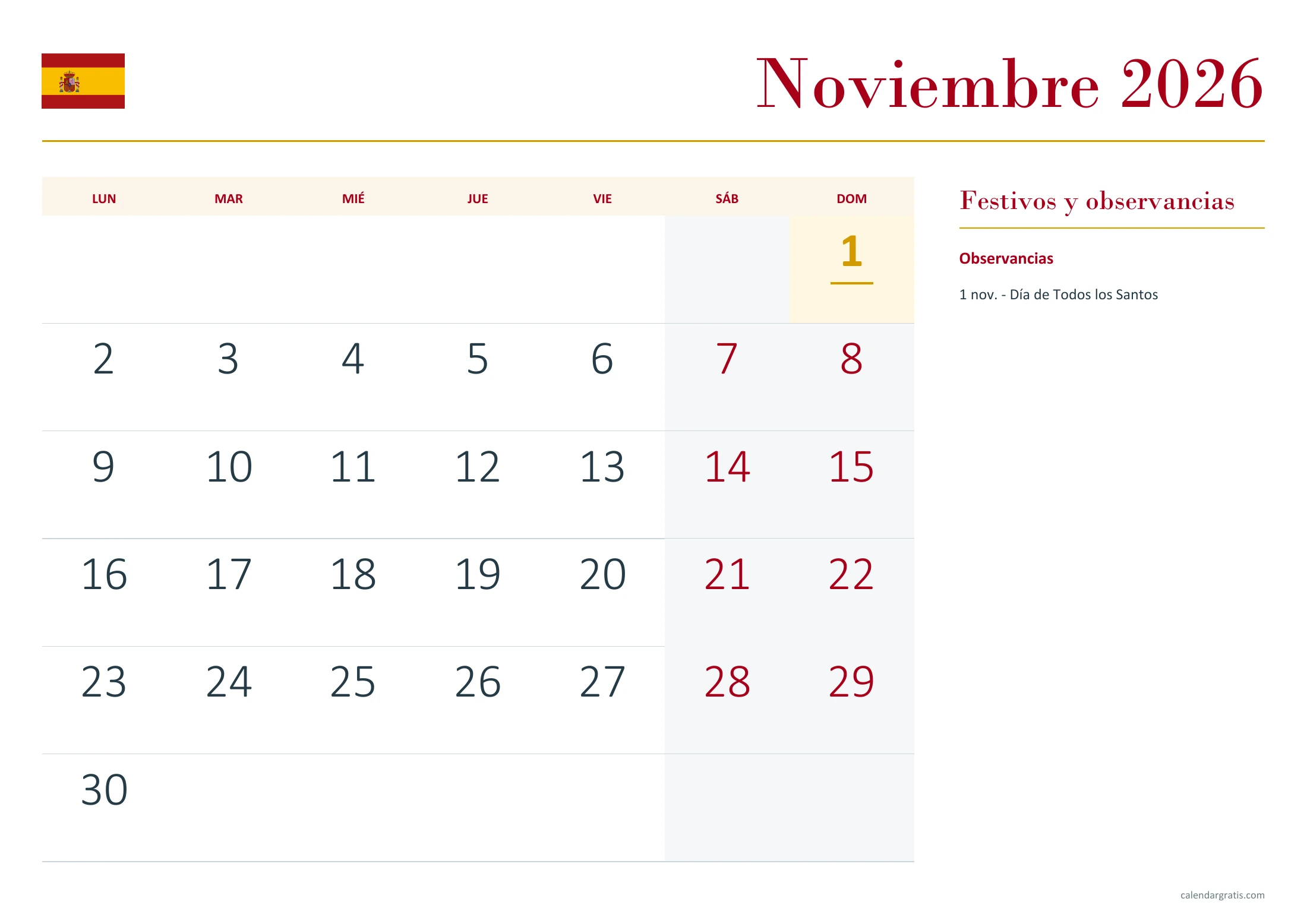 Calendario noviembre 2026 España: fechas grandes.
