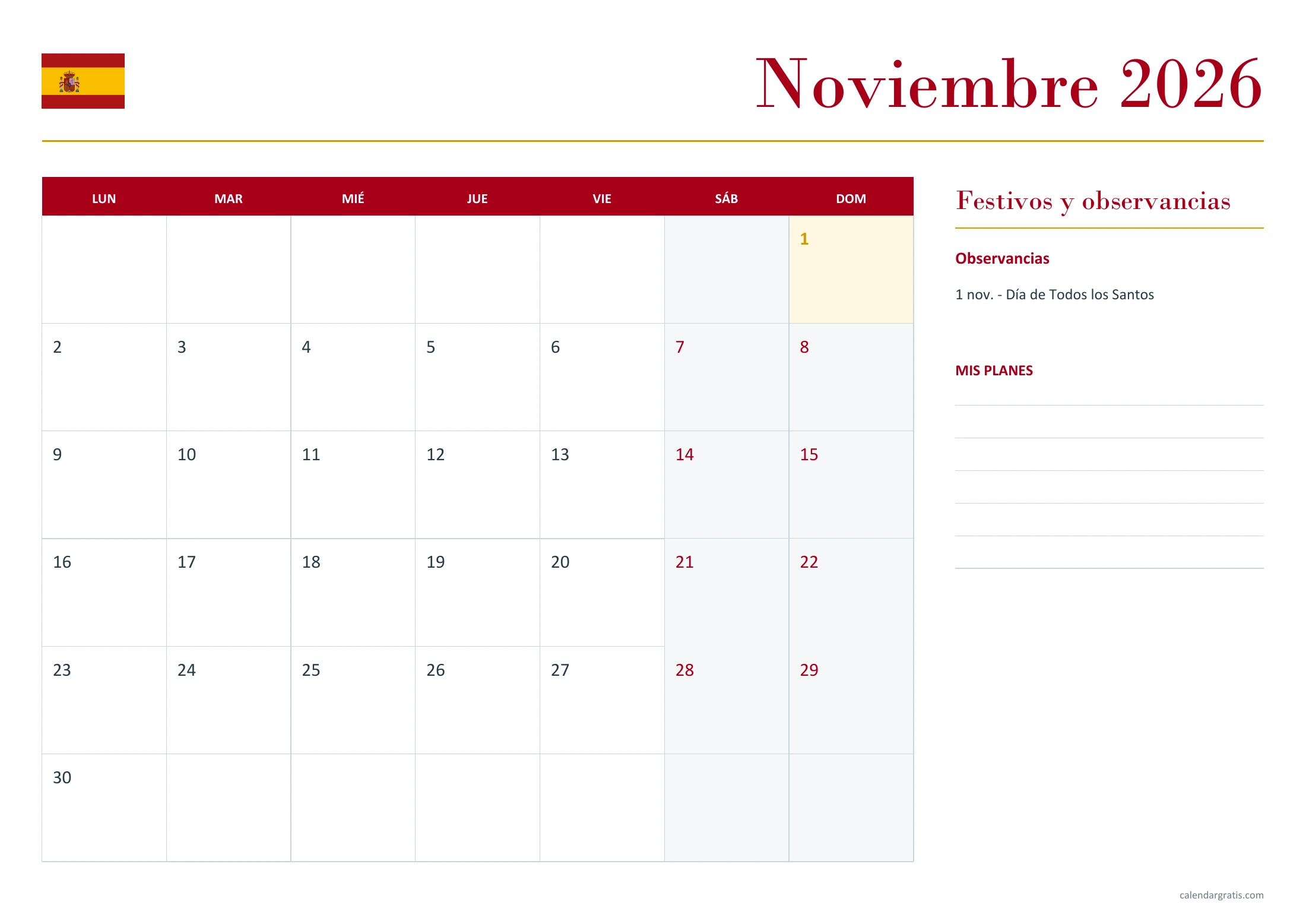 Calendario noviembre 2026 España: fechas y planes.