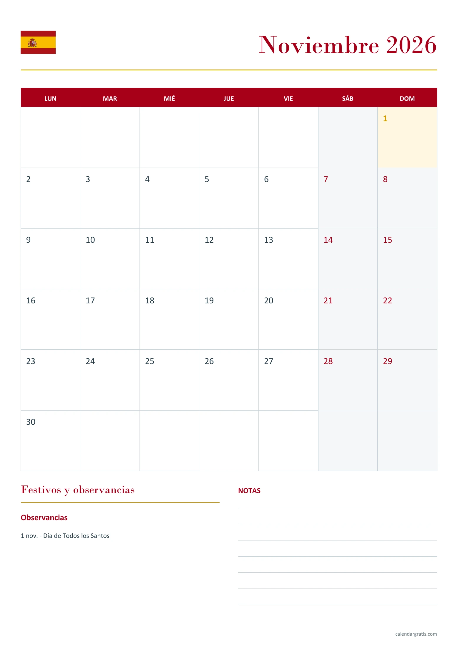 Calendario noviembre 2026 España: festivos y notas.