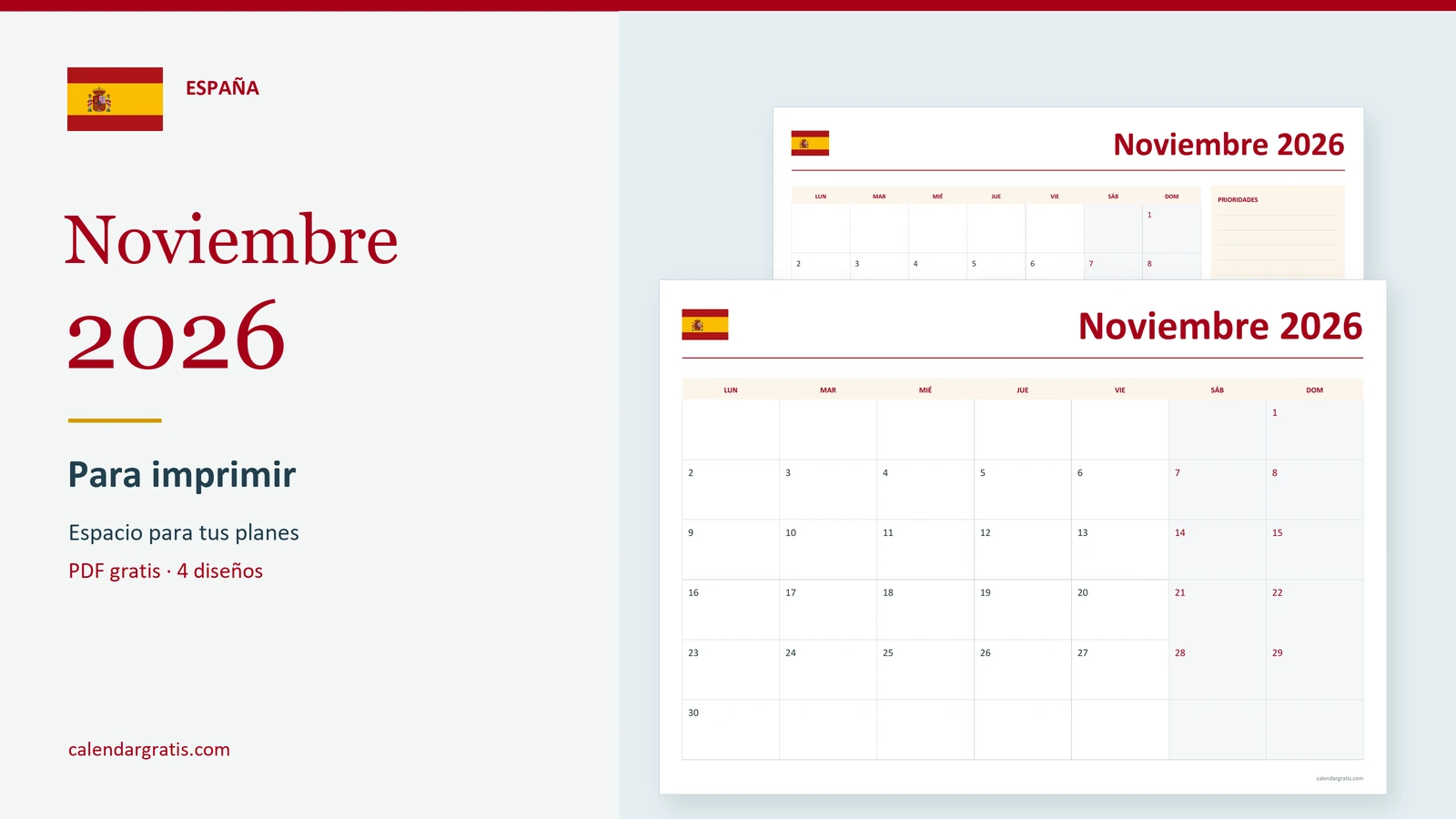 Calendario de noviembre de 2026 de España para imprimir, con cuadrícula amplia y planificador mensual.