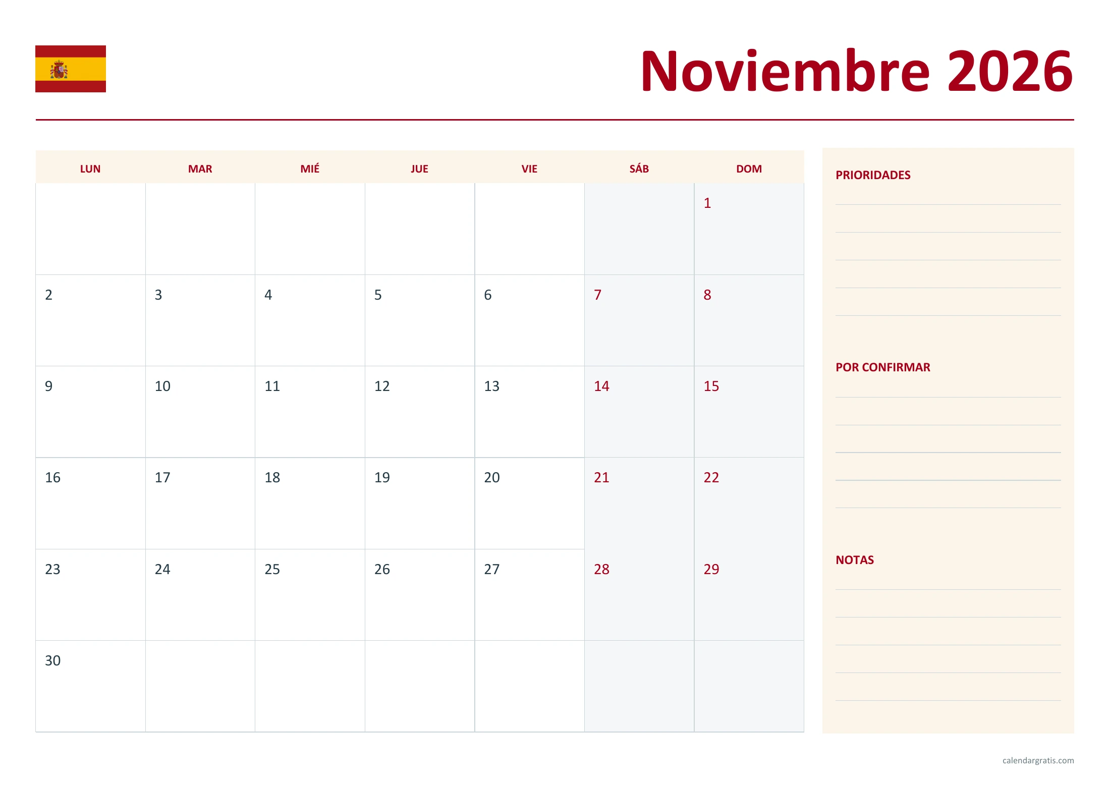 Calendario noviembre 2026 España: planificador mensual.