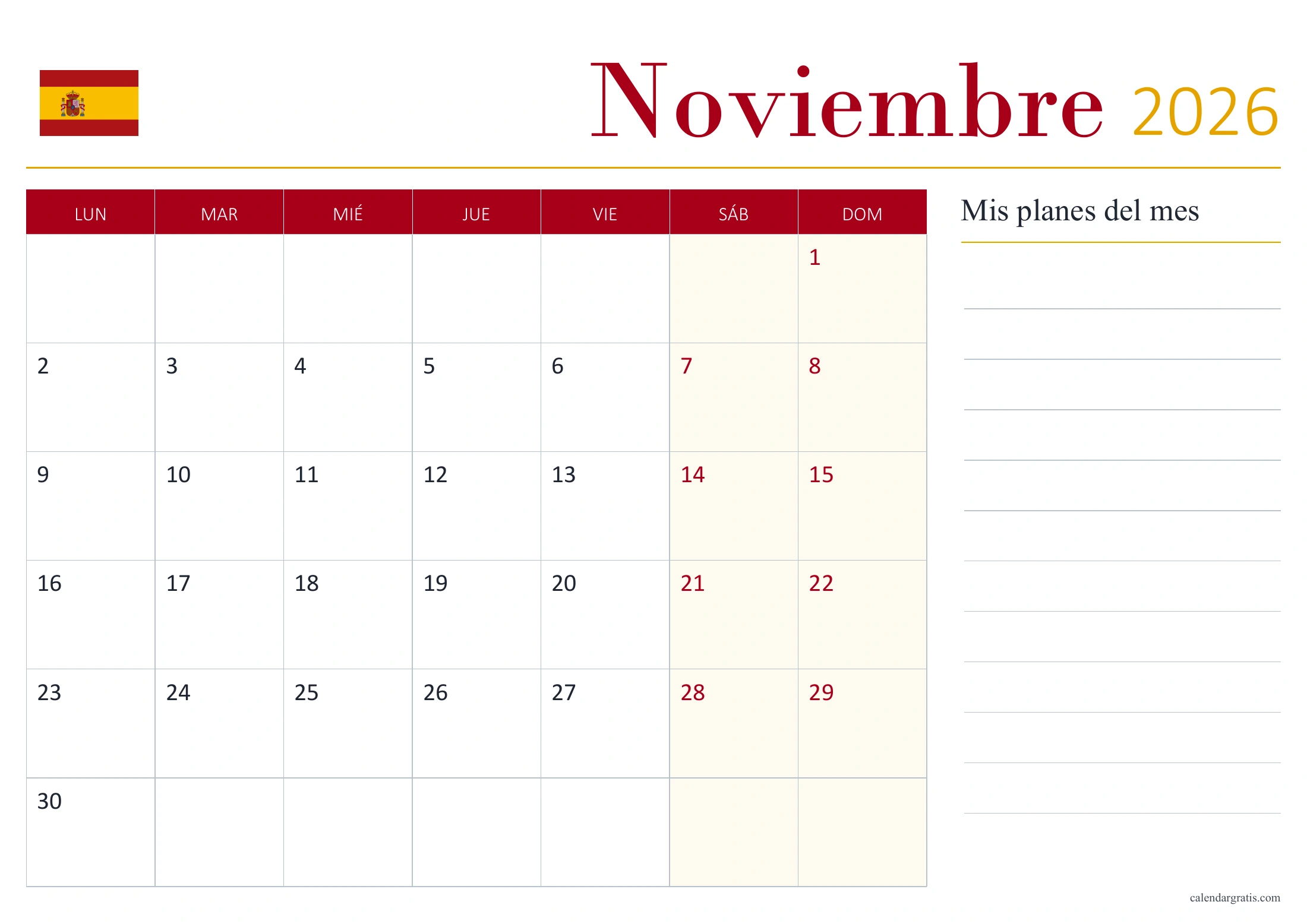 Calendario de noviembre de 2026 de España sin festivos, con bandera y panel «Mis planes del mes».