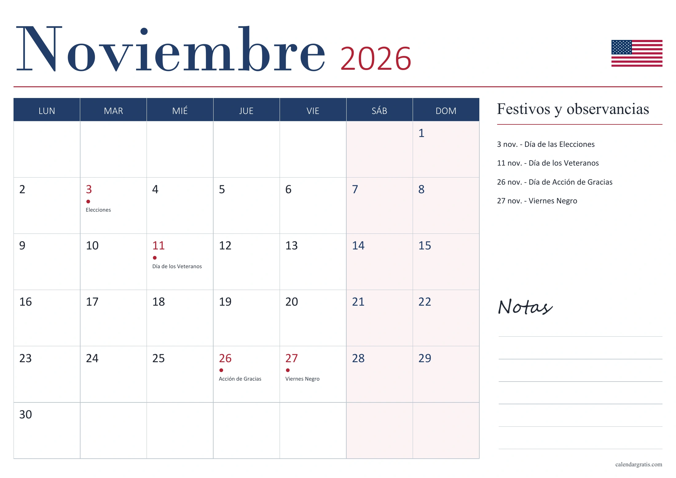 Calendario de noviembre de 2026 de Estados Unidos, con fechas señaladas, lista de festivos y observancias y espacio para notas.