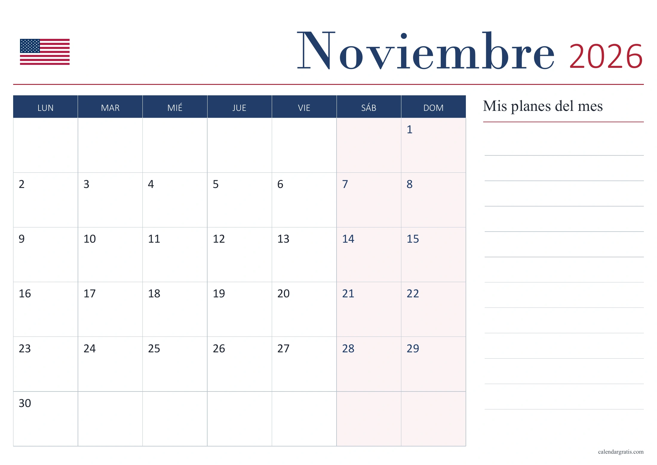 Calendario de noviembre de 2026 de Estados Unidos sin festivos, con bandera y panel «Mis planes del mes».