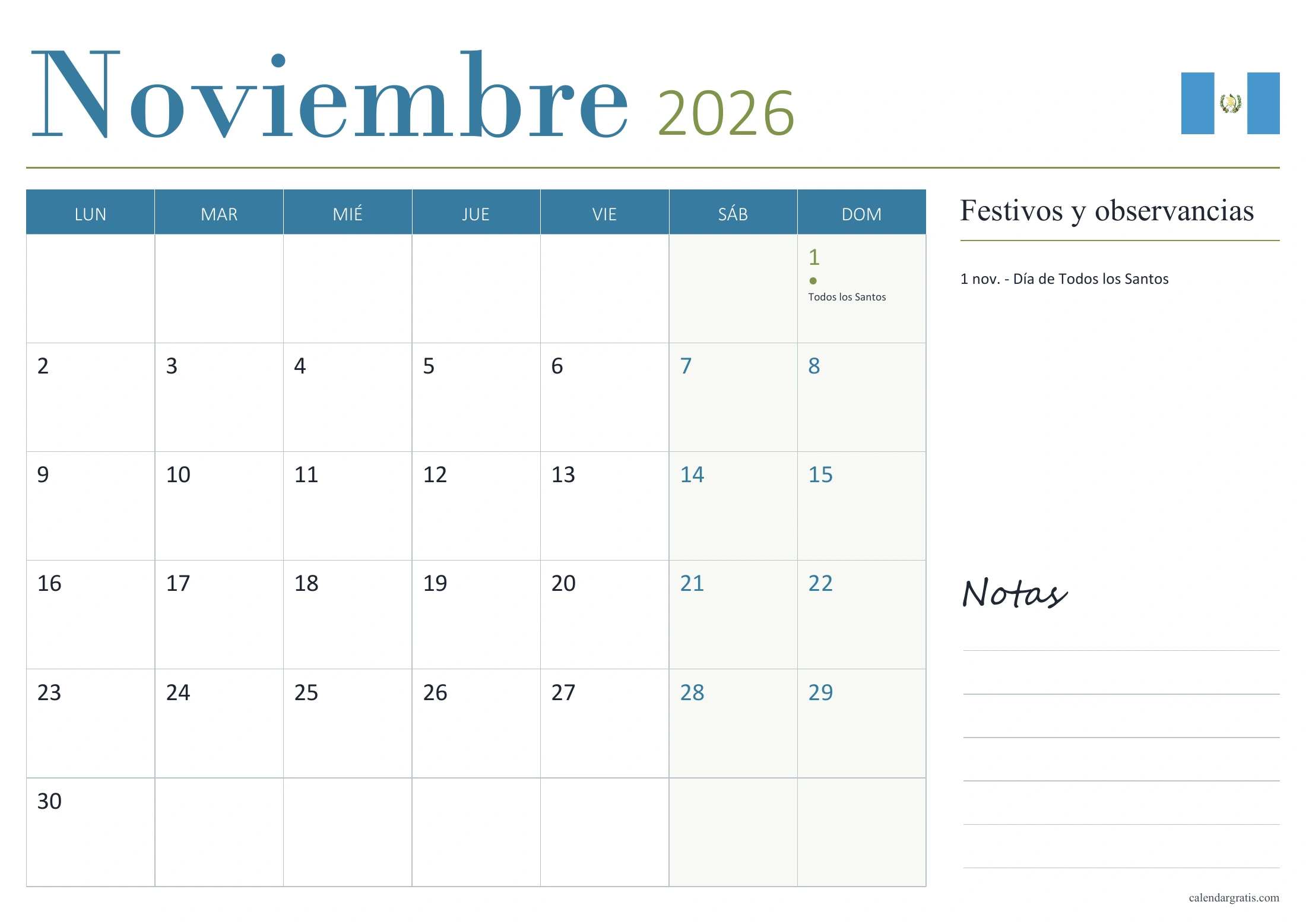 Calendario de noviembre de 2026 de Guatemala, con fechas señaladas, lista de festivos y observancias y espacio para notas.