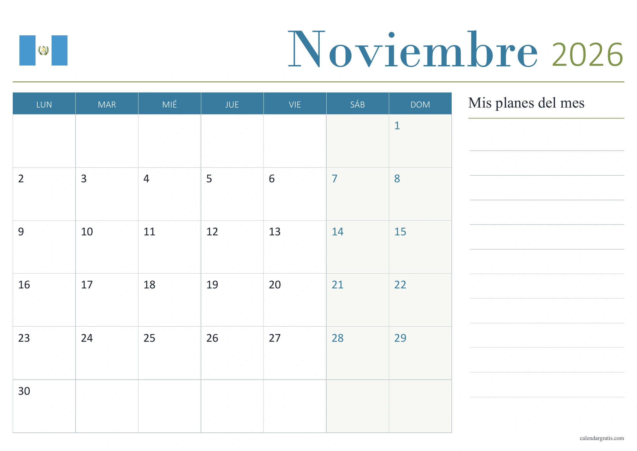Calendario de noviembre de 2026 de Guatemala sin festivos, con bandera y panel «Mis planes del mes».