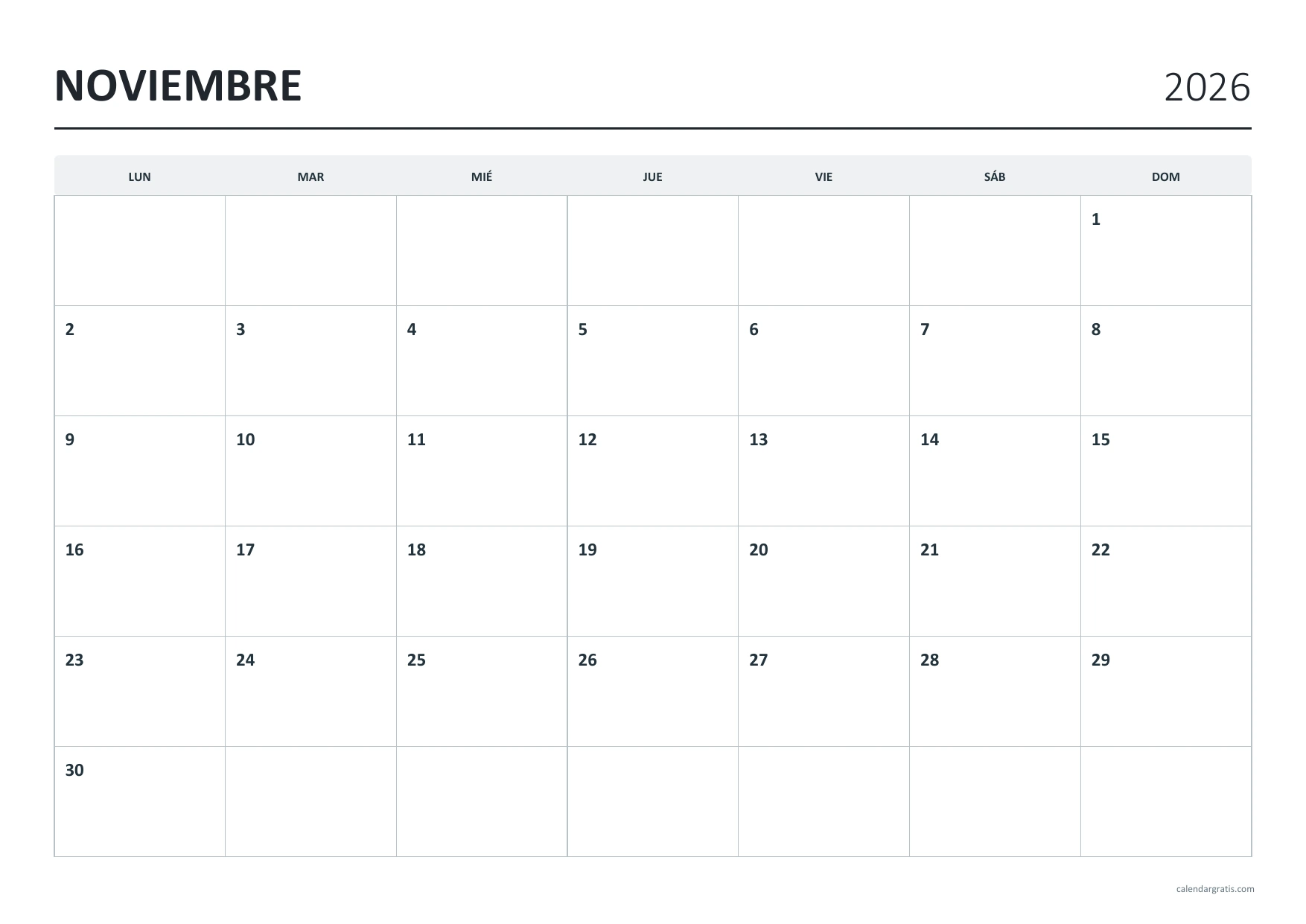 Calendario de noviembre de 2026 horizontal con fechas pequeñas, seis filas y casillas amplias en blanco.