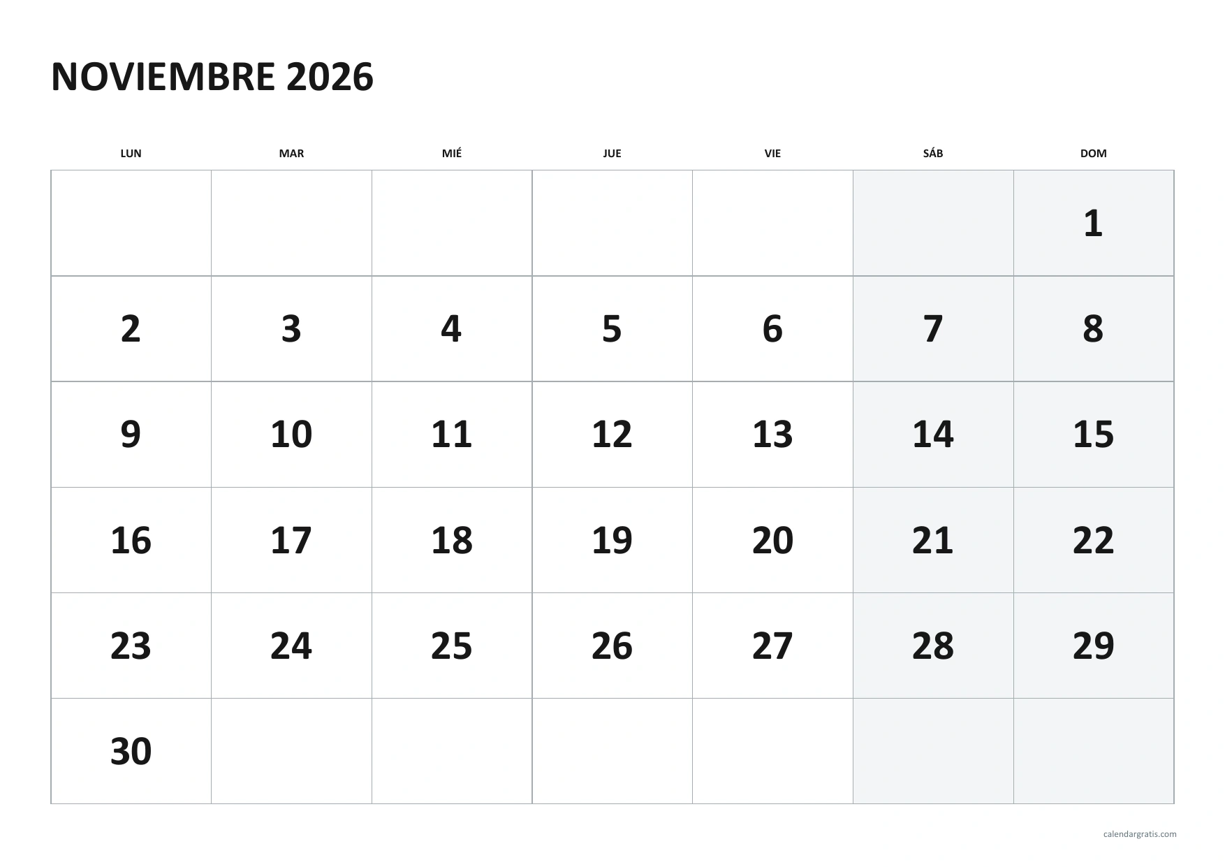 Calendario de noviembre de 2026 horizontal con números grandes centrados y sábados y domingos sombreados en gris.