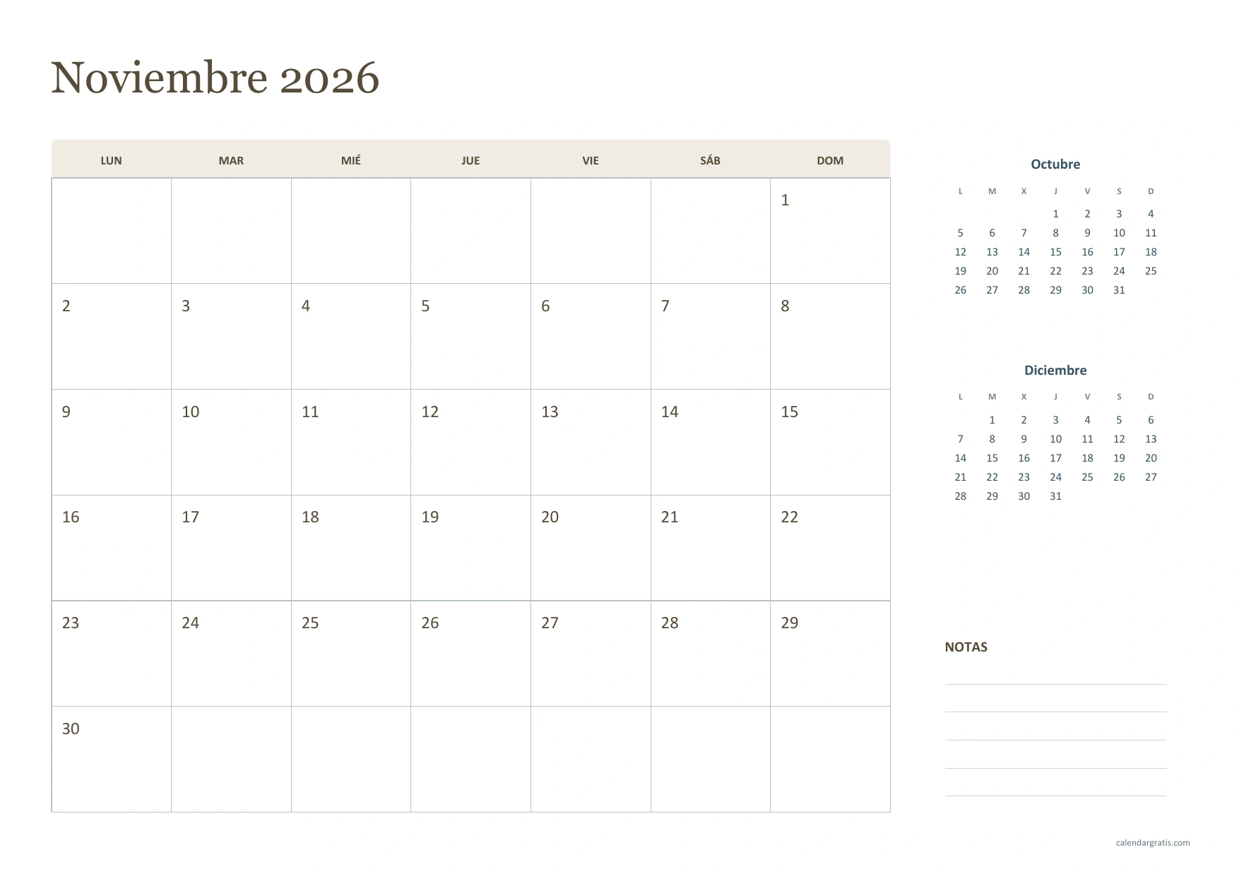 Calendario de noviembre de 2026 horizontal con cuadrícula de noviembre y minicalendarios de octubre y diciembre en el lateral derecho.