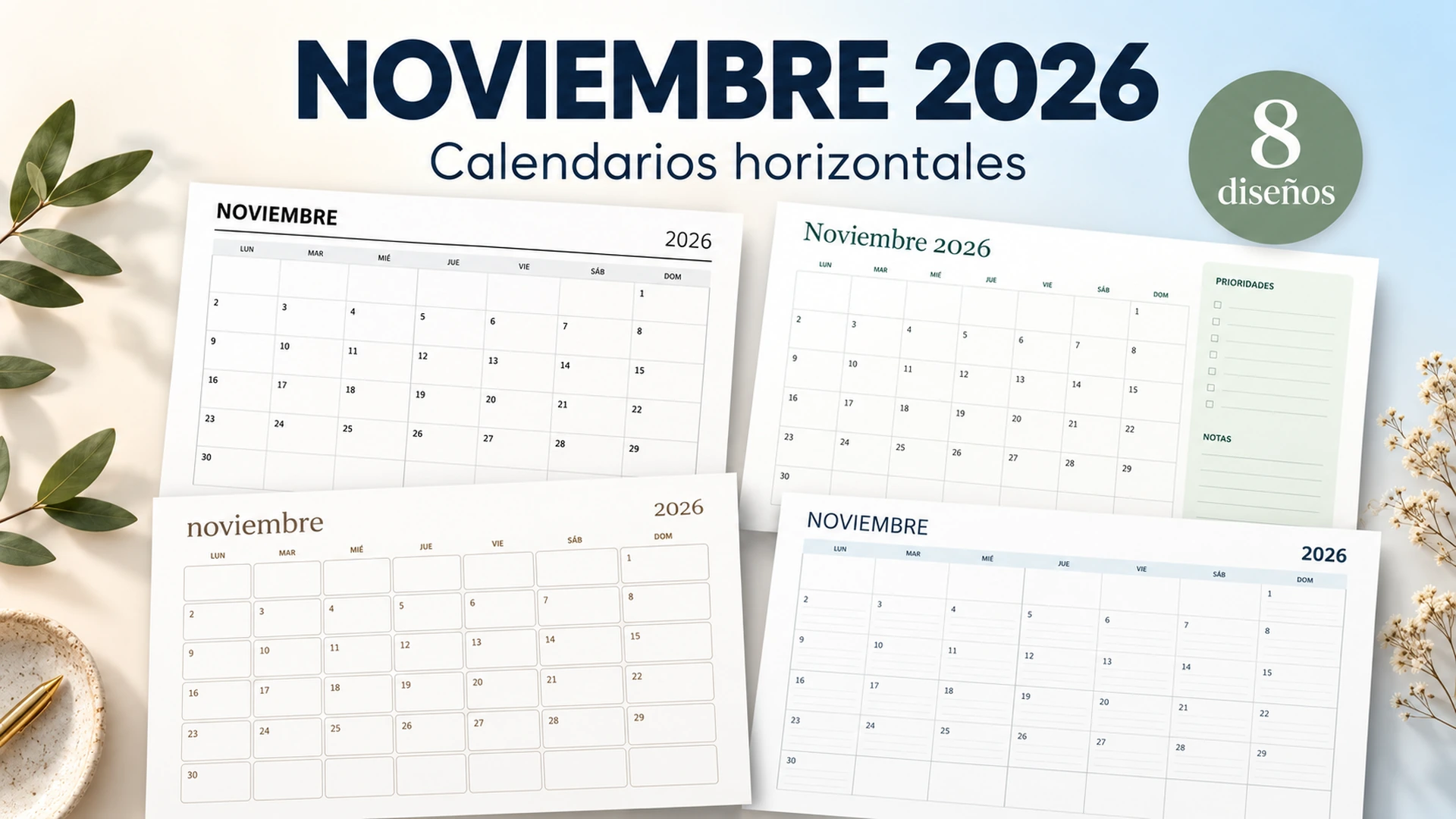Colección de calendarios horizontales de noviembre de 2026 con cuadrículas sencillas, notas laterales y renglones sobre un fondo claro.