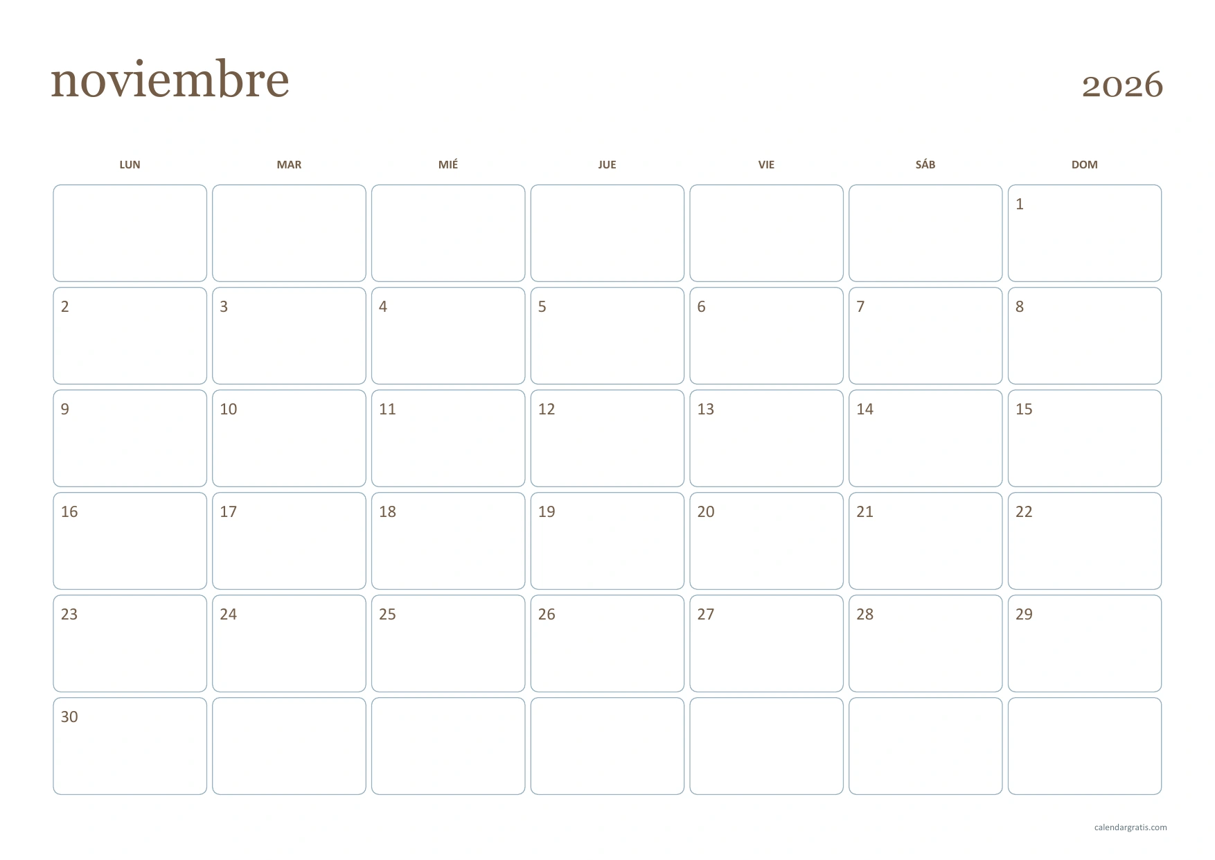 Calendario de noviembre de 2026 horizontal con título de estilo editorial y casillas separadas de bordes redondeados.
