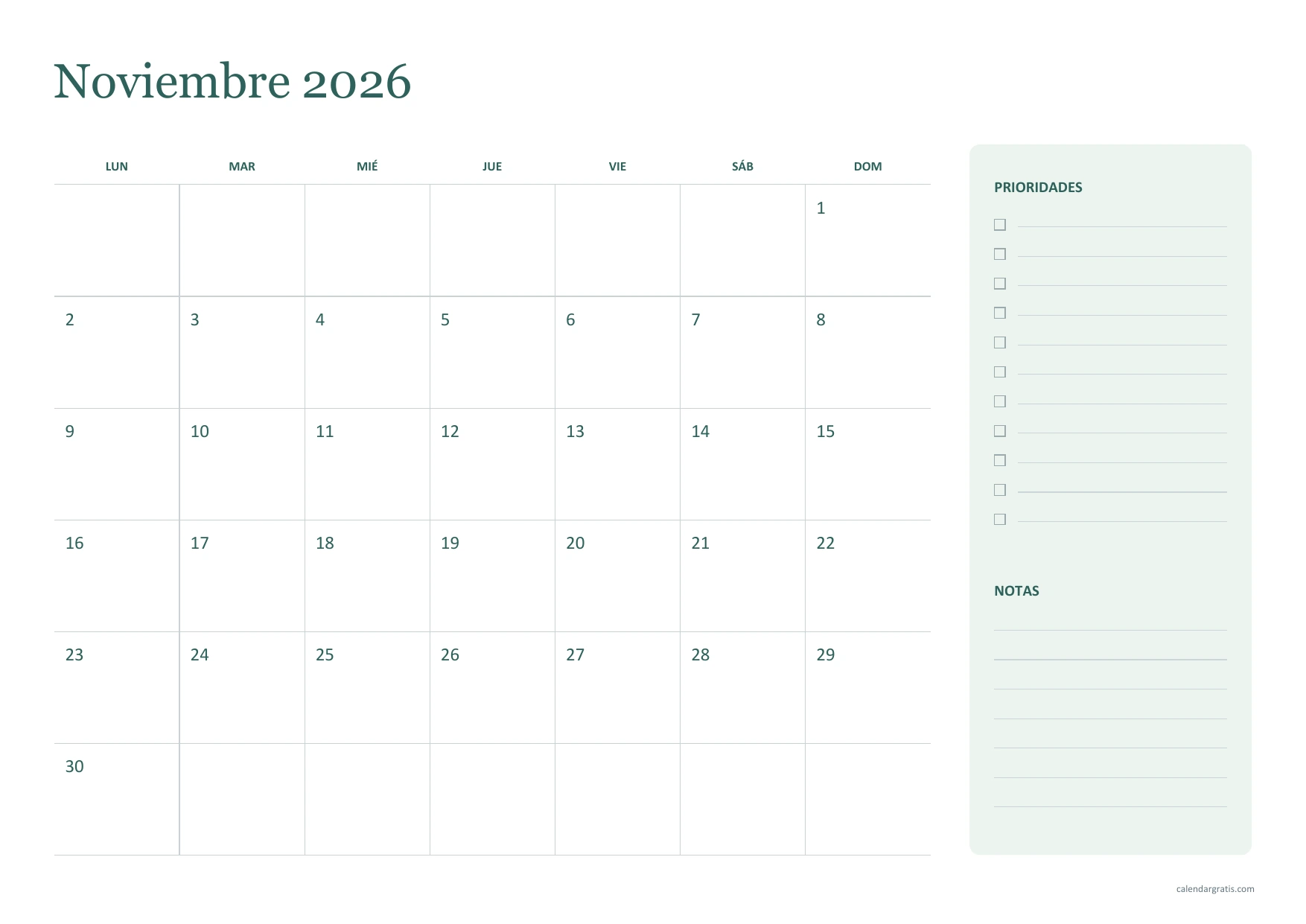 Calendario de noviembre de 2026 horizontal con cuadrícula a la izquierda y panel verde salvia de prioridades y notas a la derecha.