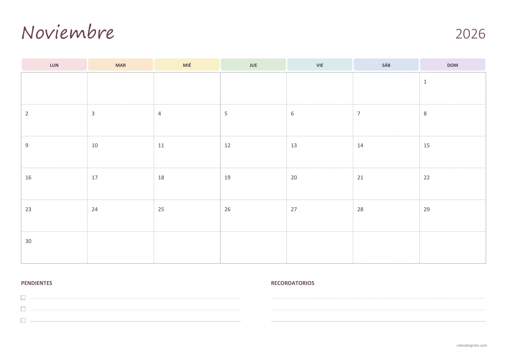 Calendario de noviembre de 2026 horizontal con cabeceras pastel y dos listas inferiores para pendientes y recordatorios.