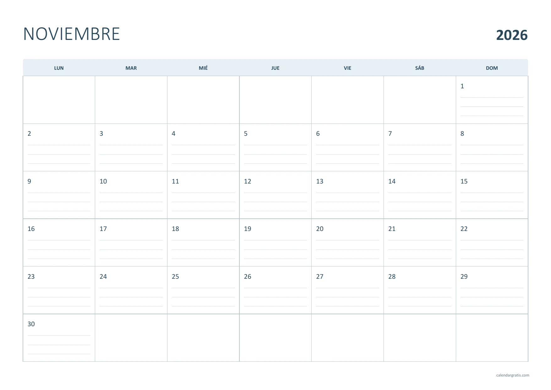 Calendario de noviembre de 2026 horizontal con líneas de escritura dentro de las casillas y cabecera azul suave.