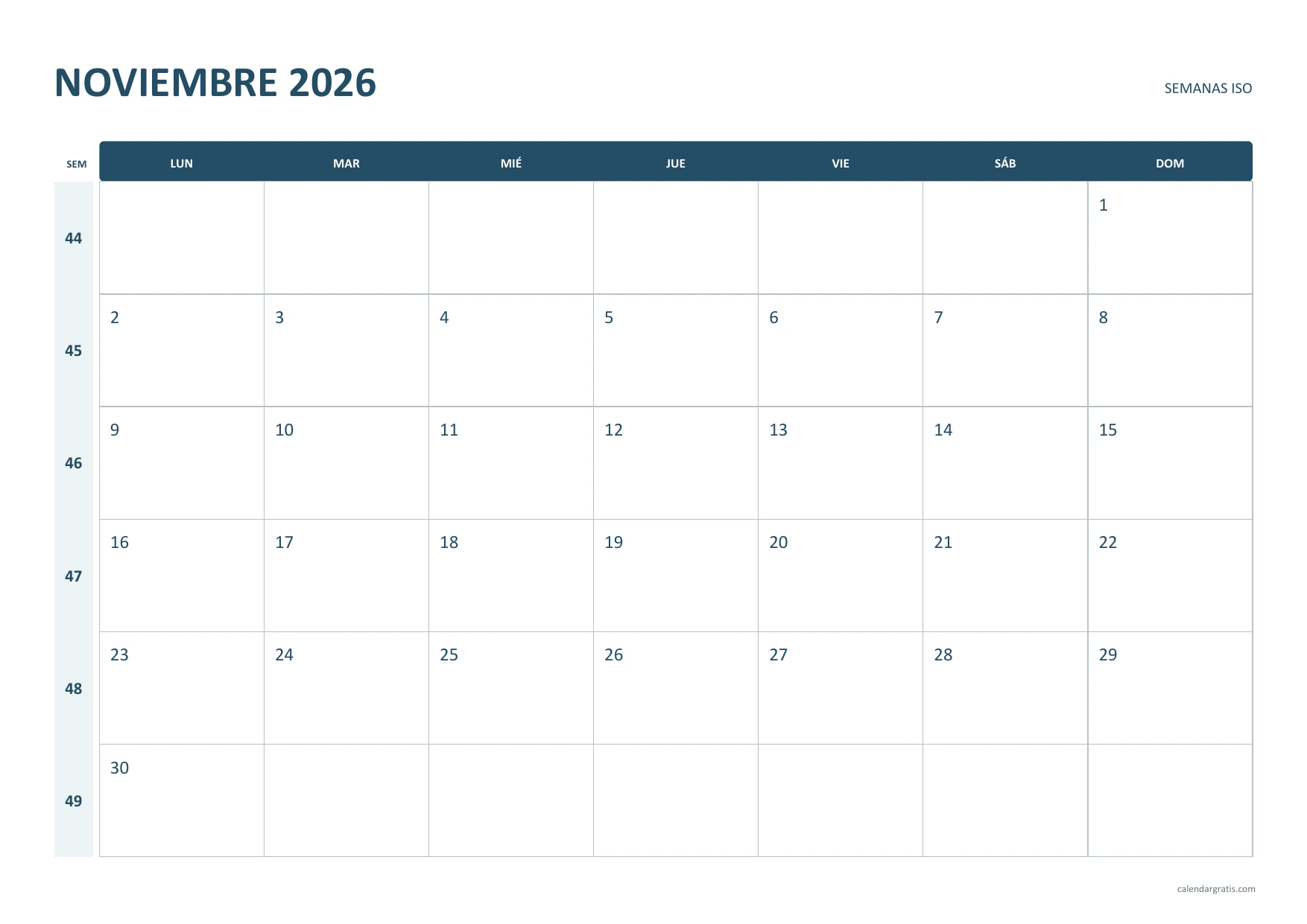 Calendario de noviembre de 2026 horizontal con columna lateral de semanas ISO del 44 al 49 y encabezado azul oscuro.