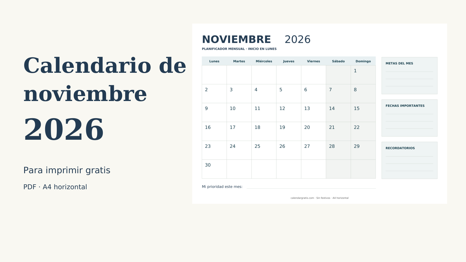 Calendario de noviembre de 2026 en español con planificador mensual, inicio en lunes y espacio para metas y recordatorios.