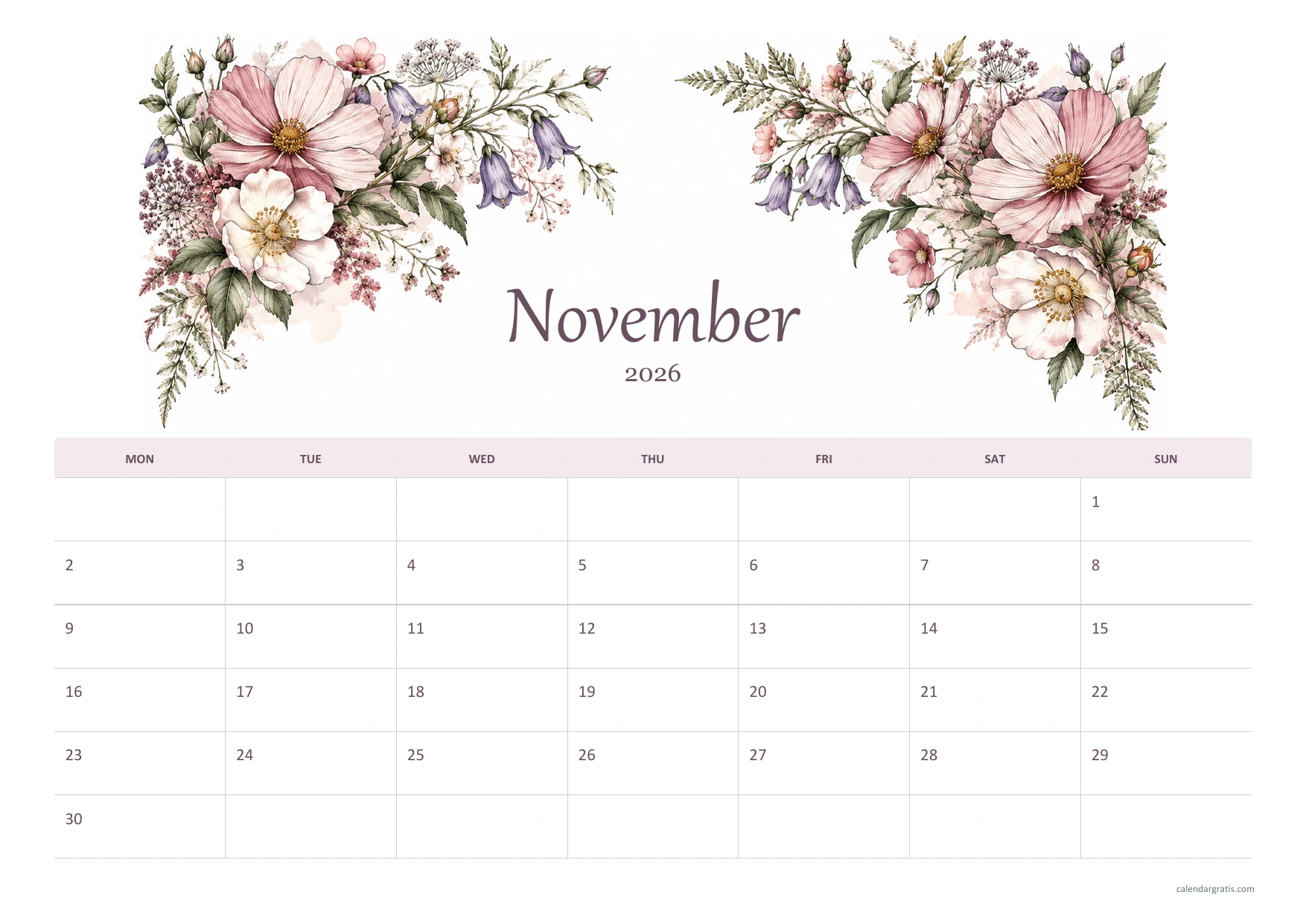 Calendario de noviembre de 2026 en inglés, jardín de tinta y acuarela, A4 horizontal, de lunes a domingo.