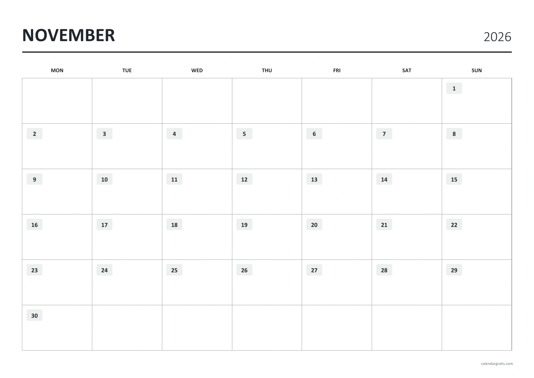 Calendario de noviembre de 2026 en inglés, esencial de tinta, A4 horizontal, de lunes a domingo.