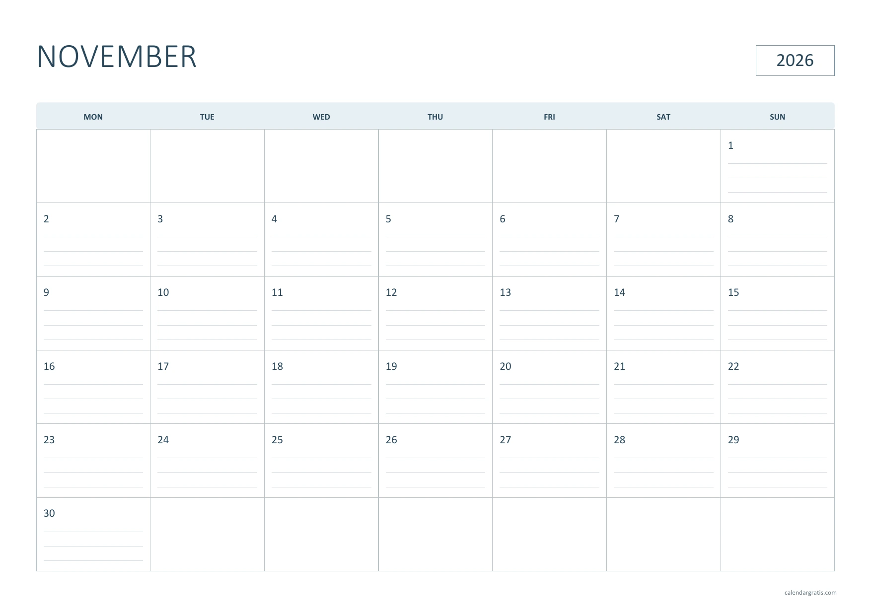 Calendario de noviembre de 2026 en inglés, renglones diarios, A4 horizontal, de lunes a domingo.