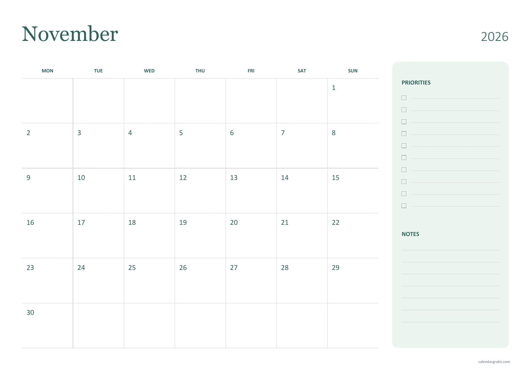 Calendario de noviembre de 2026 en inglés, notas laterales salvia, A4 horizontal, de lunes a domingo.