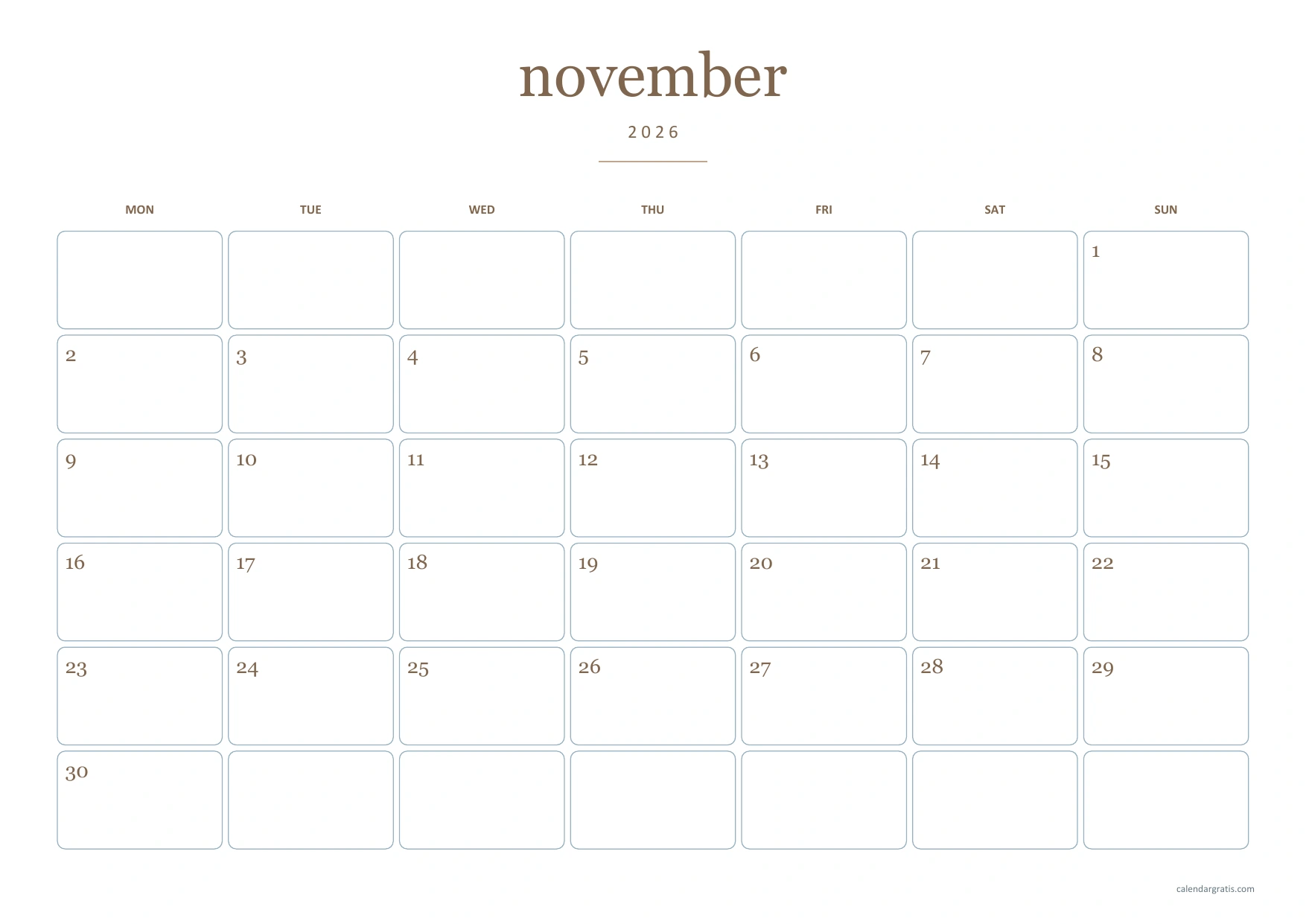 Calendario de noviembre de 2026 en inglés, editorial arena, A4 horizontal, de lunes a domingo.