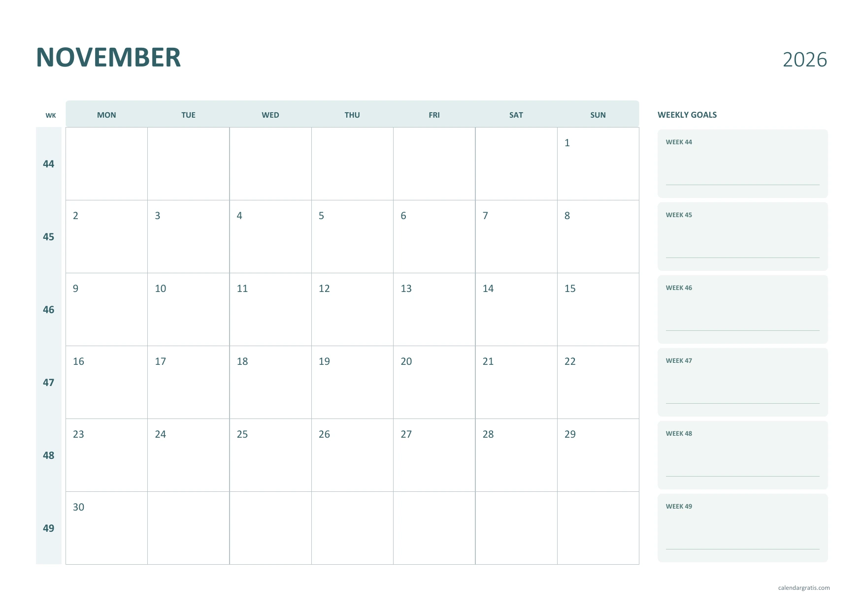 Calendario de noviembre de 2026 en inglés, semanas y objetivos, A4 horizontal, de lunes a domingo.