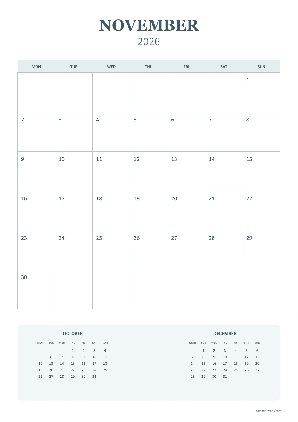 Calendario de noviembre de 2026 en inglés, puente entre meses, A4 vertical, de lunes a domingo.