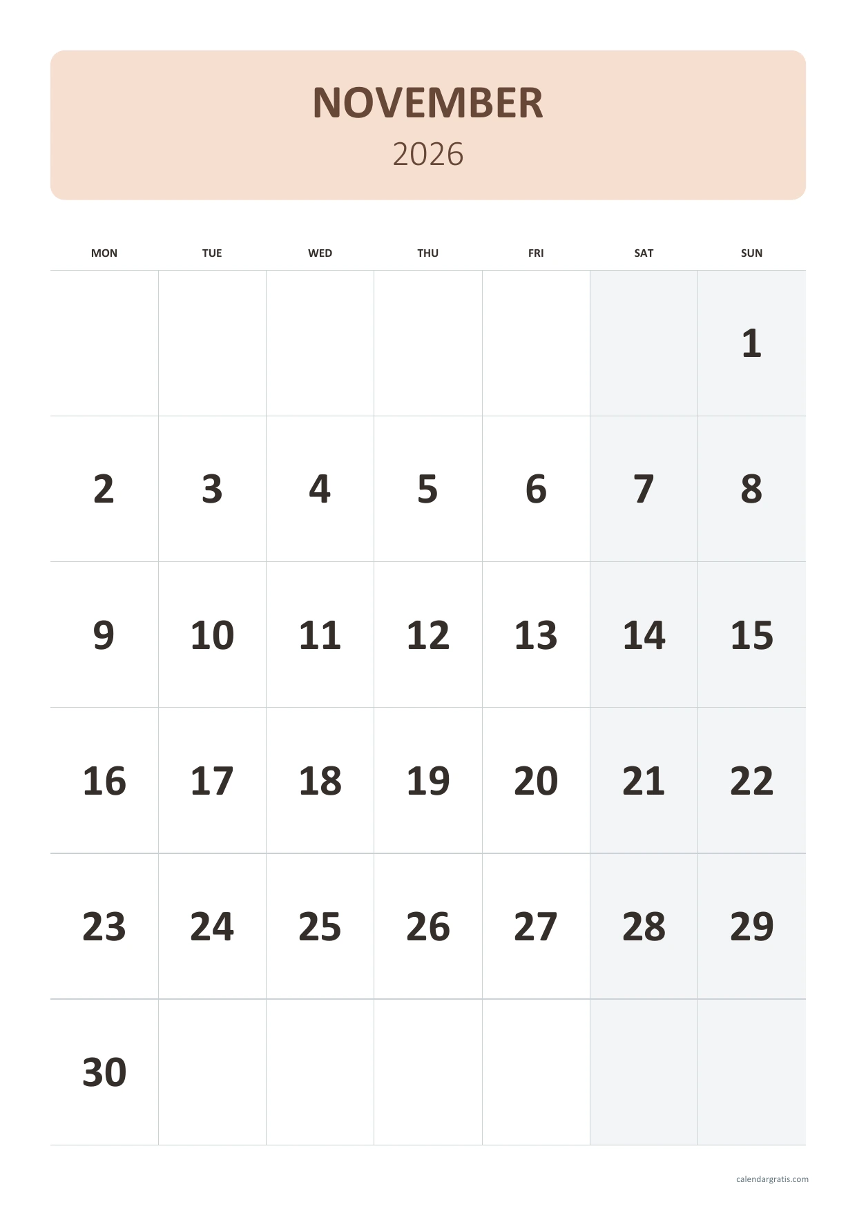 Calendario de noviembre de 2026 en inglés, números en albaricoque, A4 vertical, de lunes a domingo.