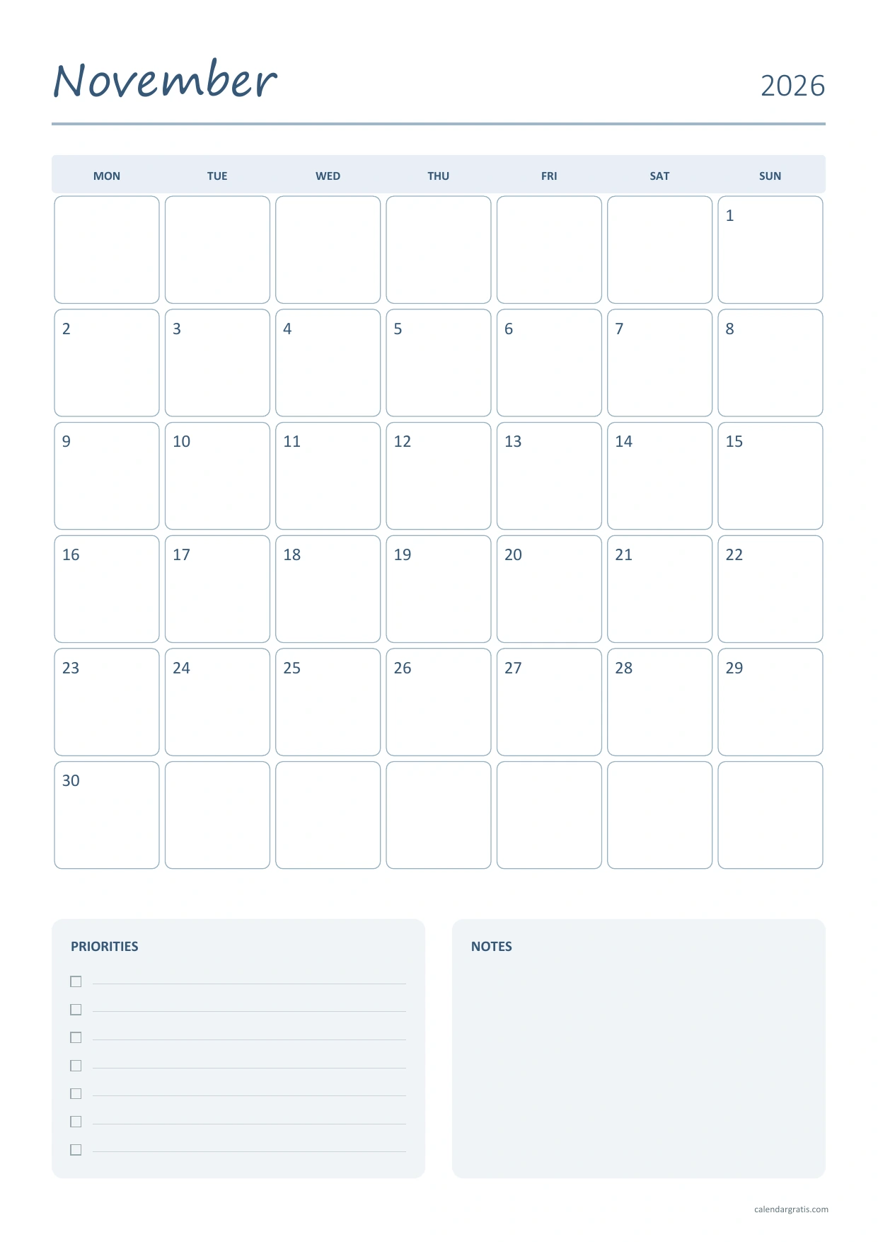 Calendario de noviembre de 2026 en inglés, agenda azul, A4 vertical, de lunes a domingo.