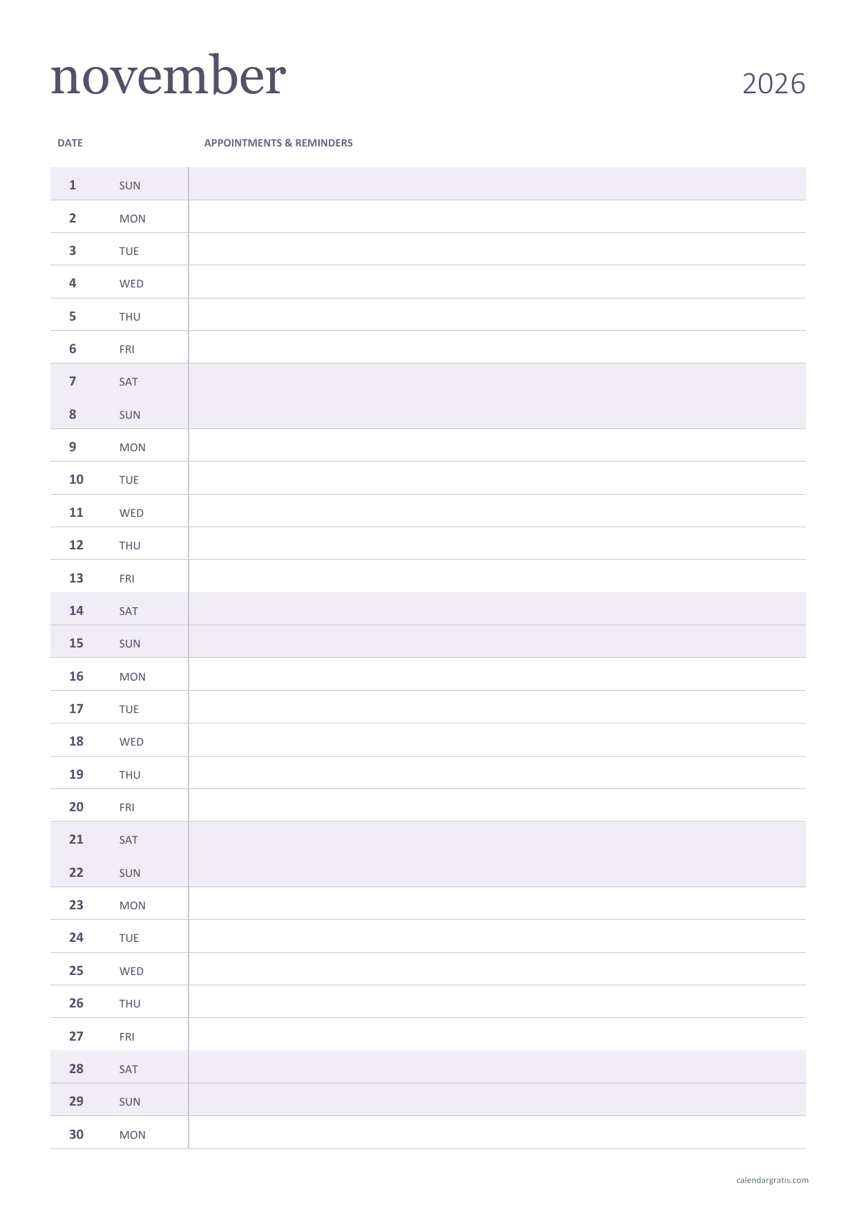 Calendario de noviembre de 2026 en inglés, una línea para cada día, A4 vertical, de lunes a domingo.