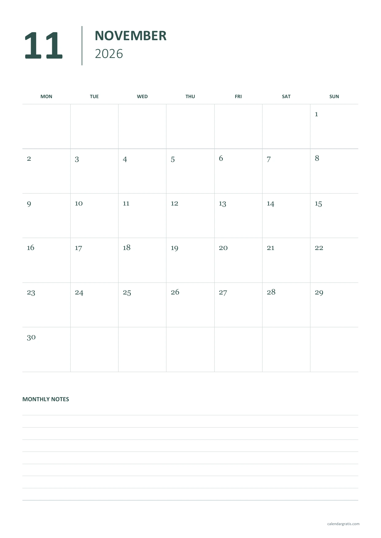 Calendario de noviembre de 2026 en inglés, calendario abierto con notas, A4 vertical, de lunes a domingo.