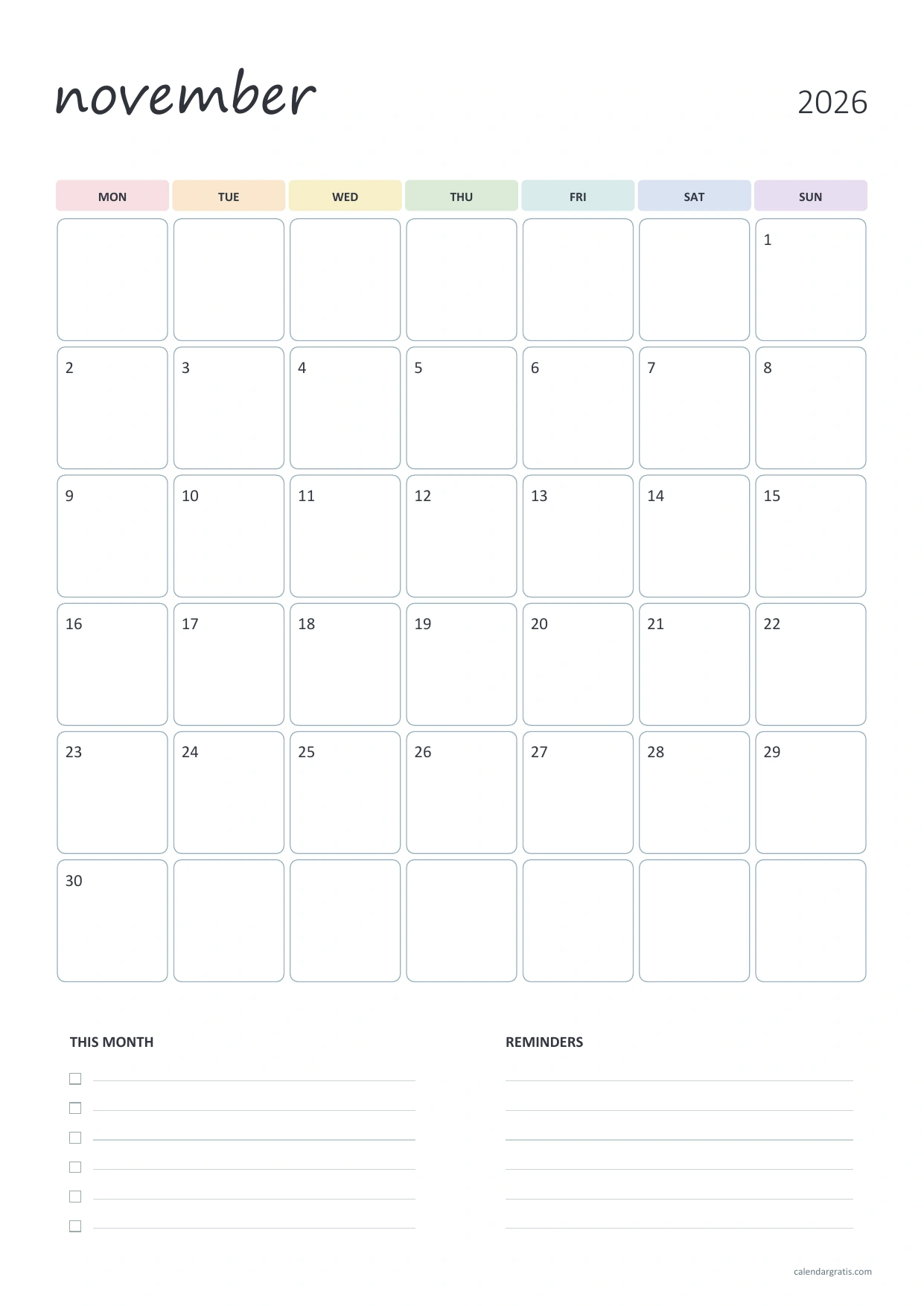 Calendario de noviembre de 2026 en inglés, planes en tonos pastel, A4 vertical, de lunes a domingo.