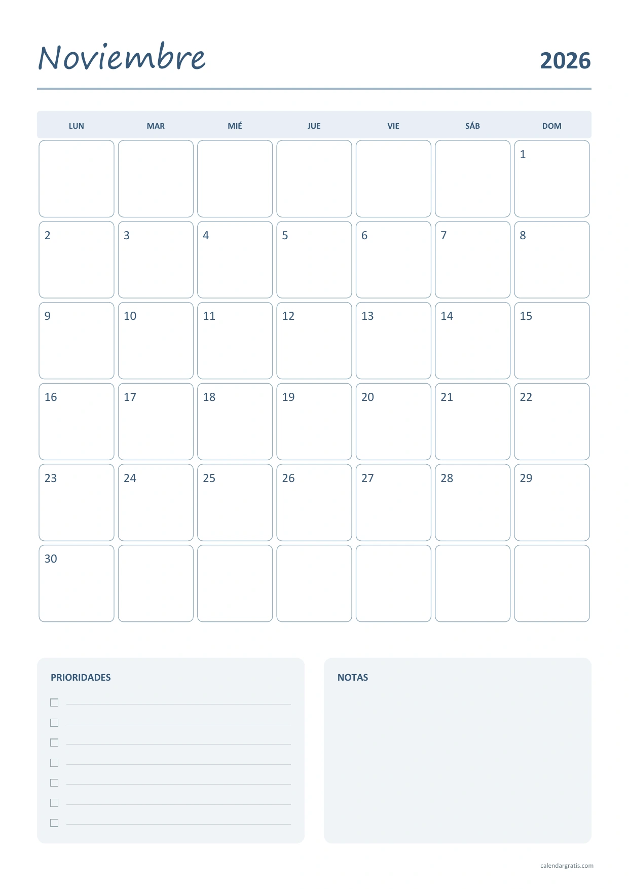 Calendario de noviembre de 2026 de lunes a domingo: planificador vertical azul con casillas separadas, prioridades y notas.