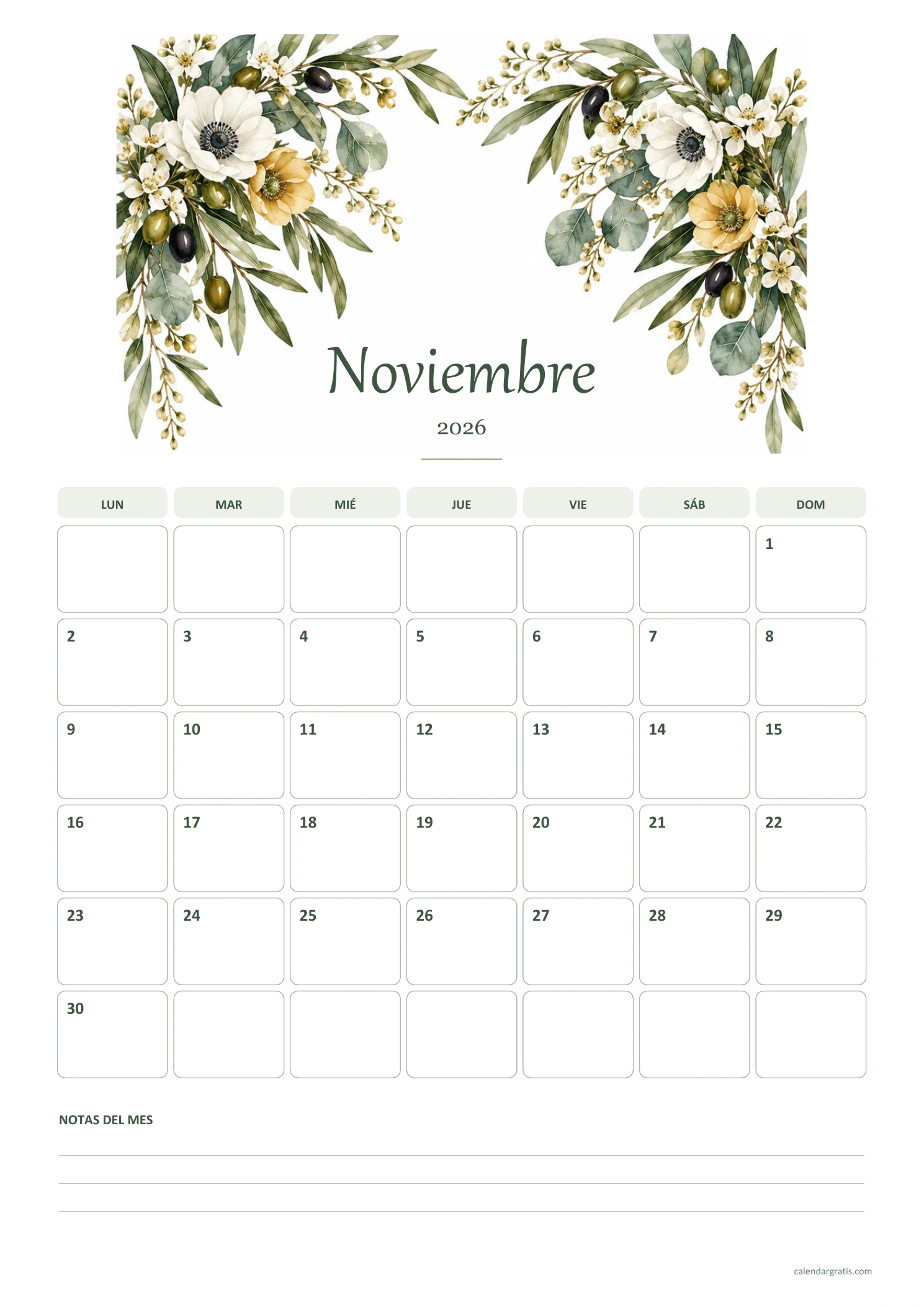 Calendario vertical de noviembre de 2026 de lunes a domingo con olivo, eucalipto y flores en acuarela, casillas separadas y líneas de notas.