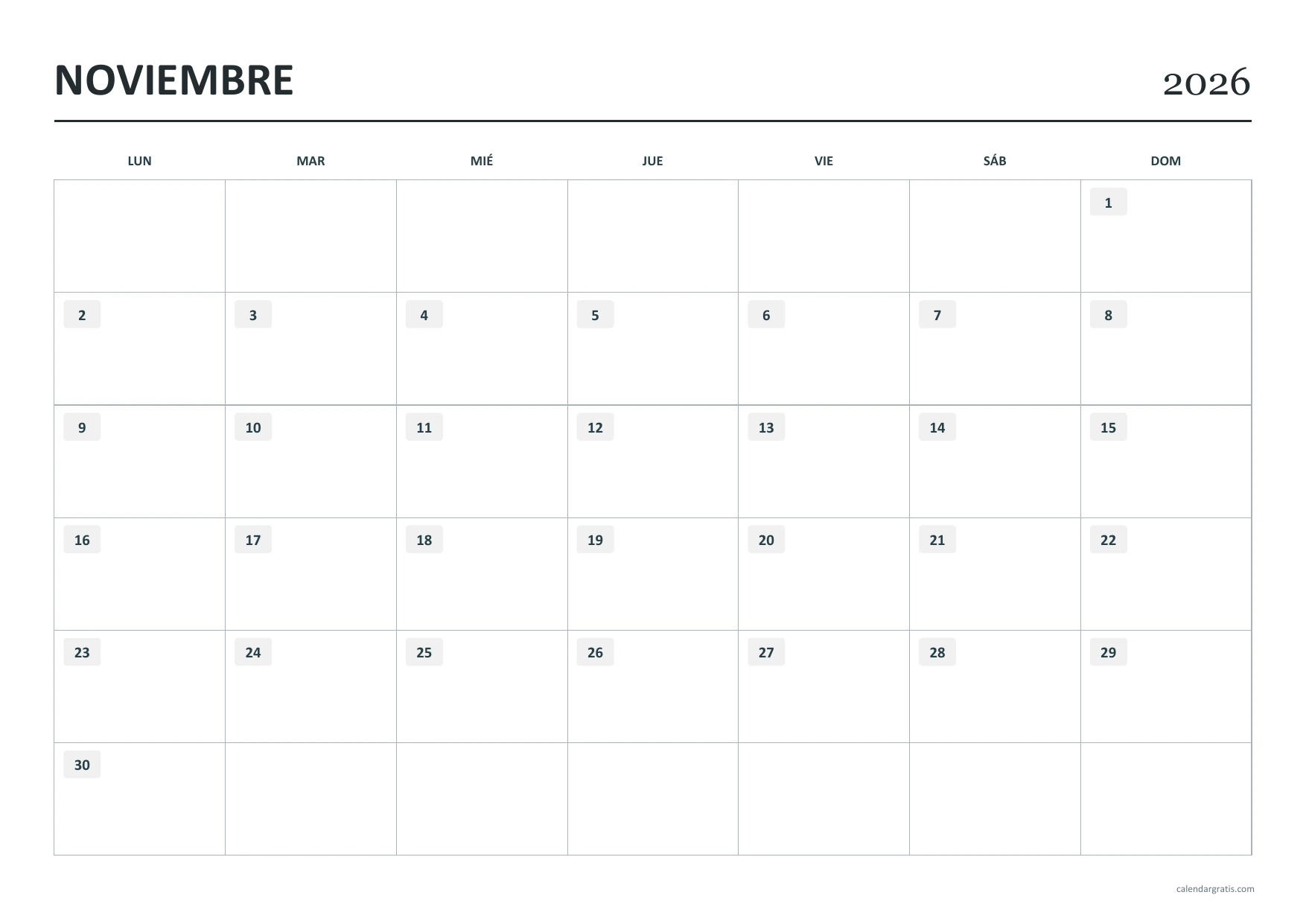 Calendario de noviembre de 2026 de lunes a domingo: cuadrícula horizontal en blanco y negro con fechas en pequeñas pestañas.