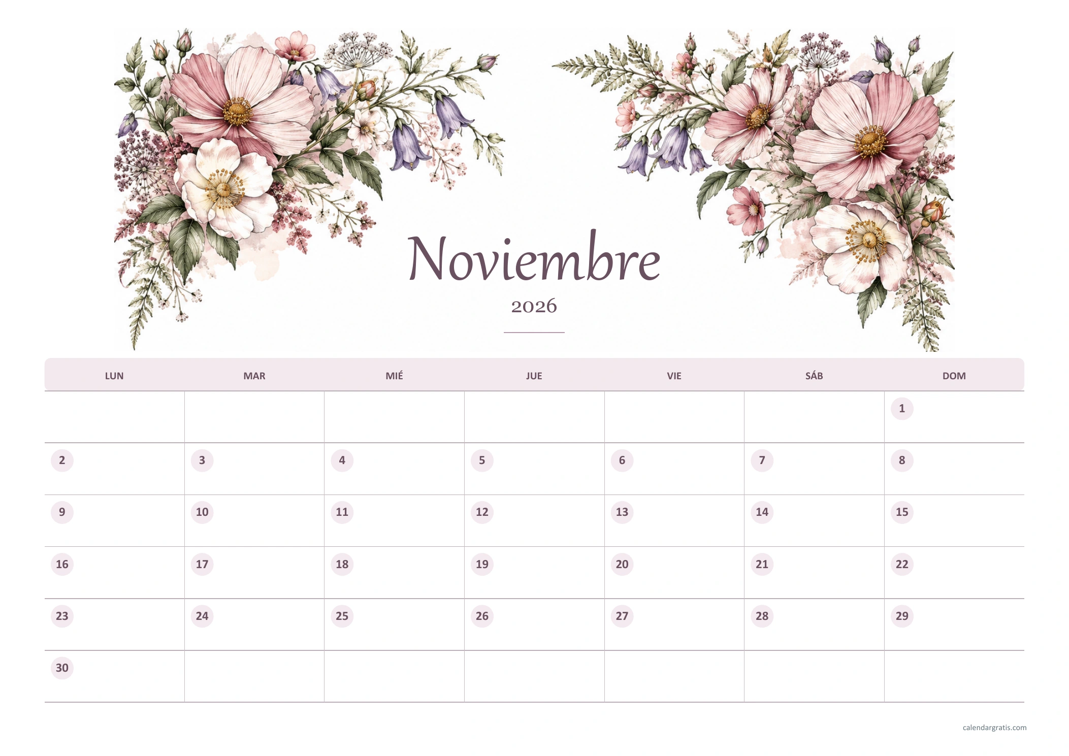 Calendario horizontal de noviembre de 2026 de lunes a domingo con flores de tinta fina, acuarela rosa y malva y fechas sobre círculos suaves.