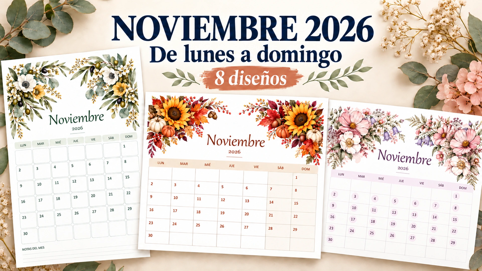 Colección de calendarios de noviembre de 2026 de lunes a domingo con diseños botánicos, otoñales y florales, en orientación horizontal y vertical.