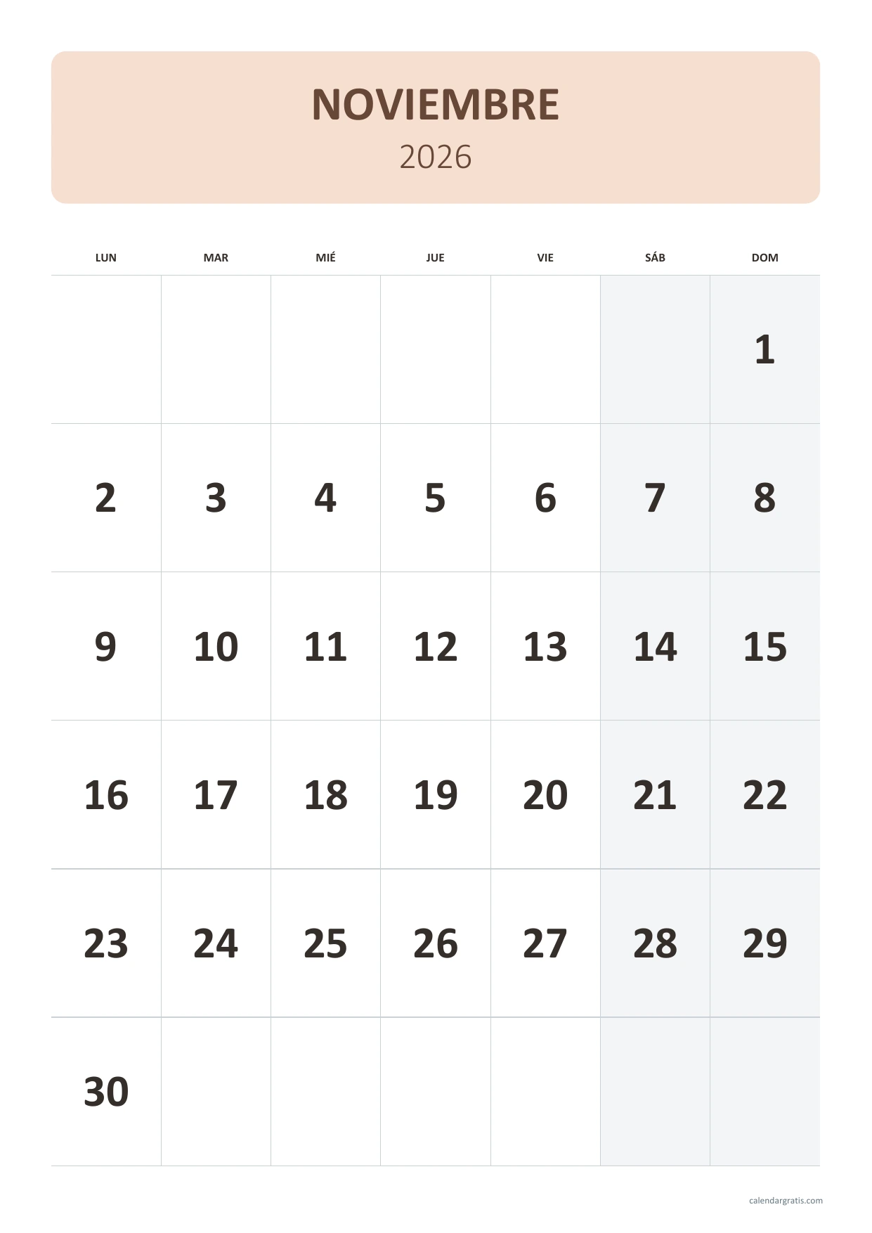 Calendario de noviembre de 2026 de lunes a domingo: calendario vertical de números grandes con cabecera albaricoque y fines de semana sombreados.