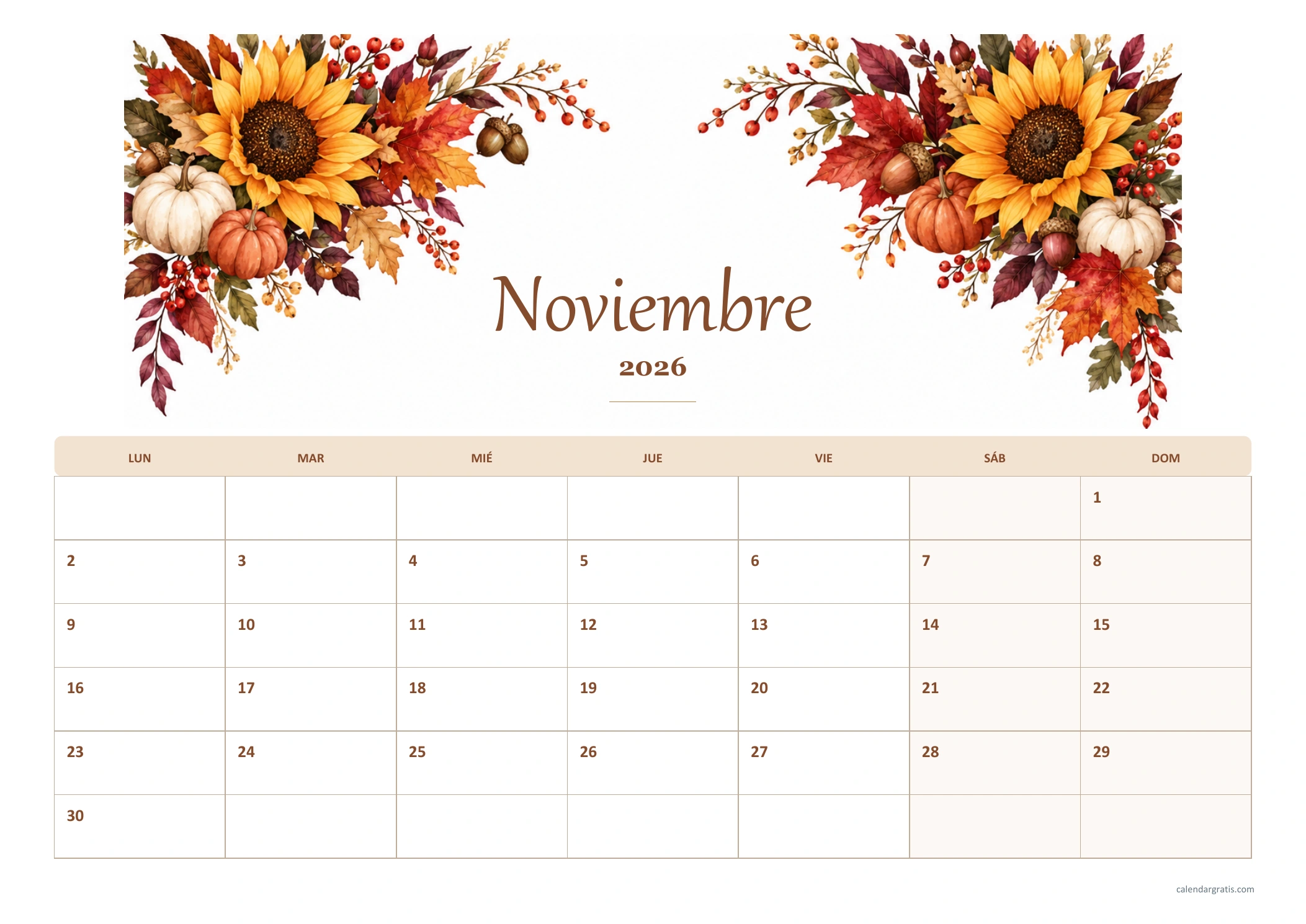 Calendario horizontal de noviembre de 2026 de lunes a domingo con girasoles, calabazas y hojas otoñales en acuarela.